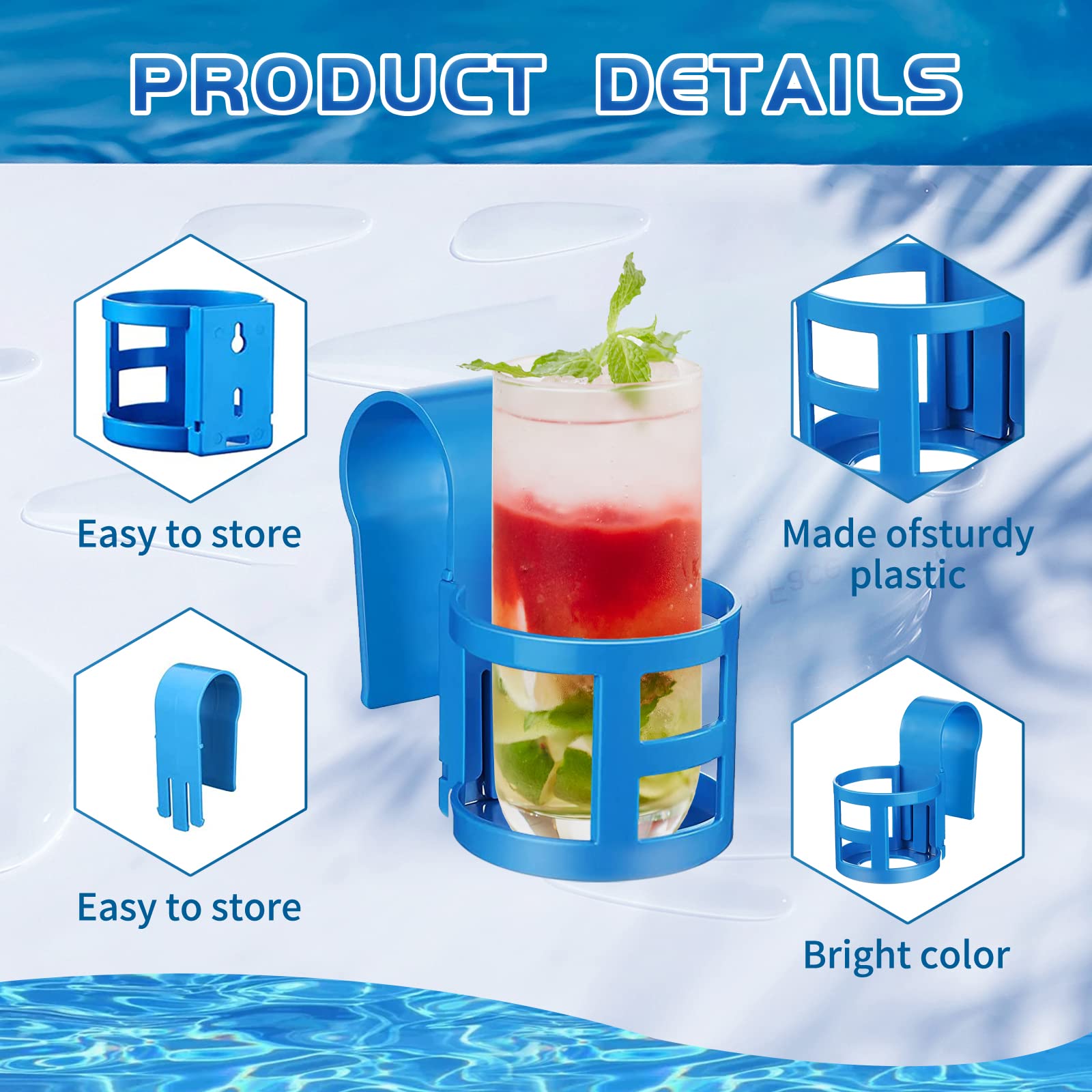 6 Pcs Poolside Cup Holder for Above Ground Pools - No Spills Plastic Drink Holder, Fits 2 Inch or Less Round Top Bar - Perfect for Swimming Pool, Backyard, and Outdoor Relaxation