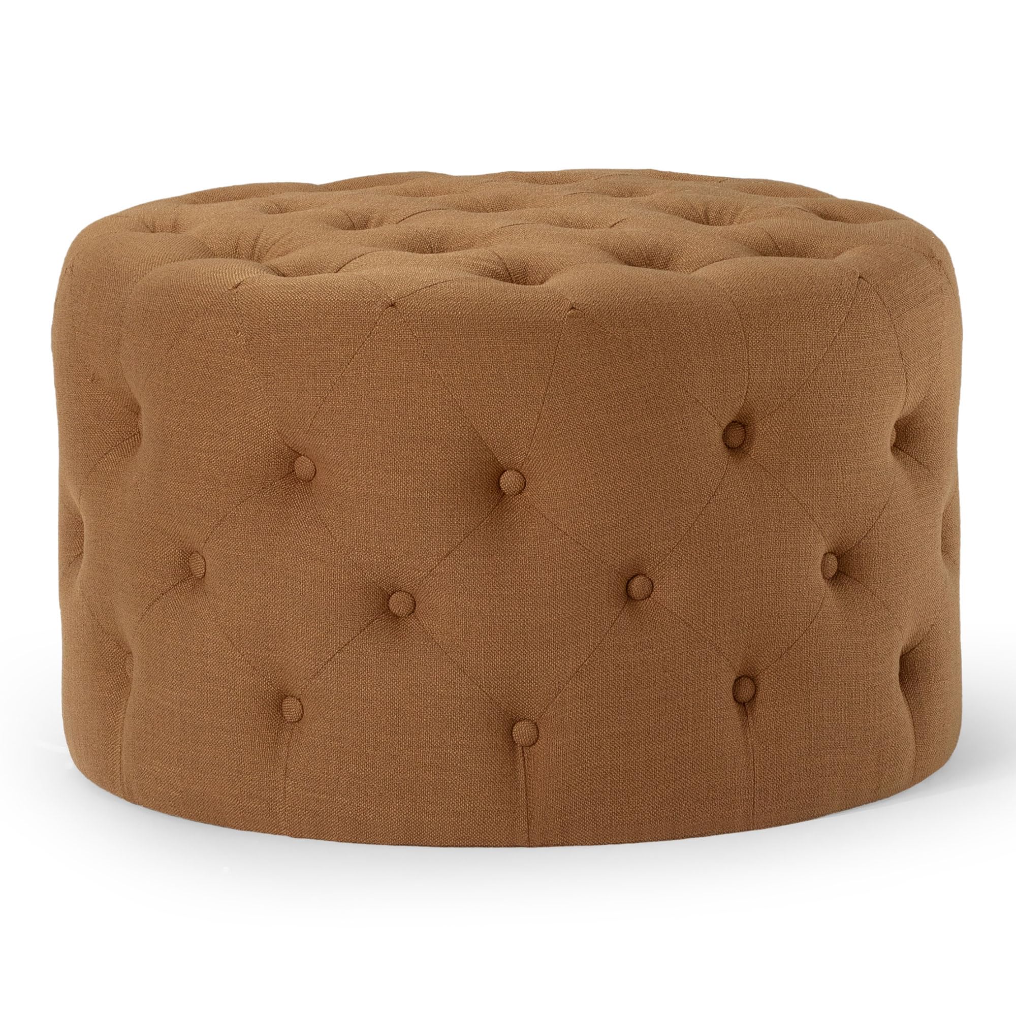 Maven Lane Marcy Traditional Large Round Ottoman with Cushioned Seat - Rustic Clay Fabric Upholstered Footrest for Living Room, Bedroom, or Dorm - Perfect for Relaxing, Extra Seating & Home Decor