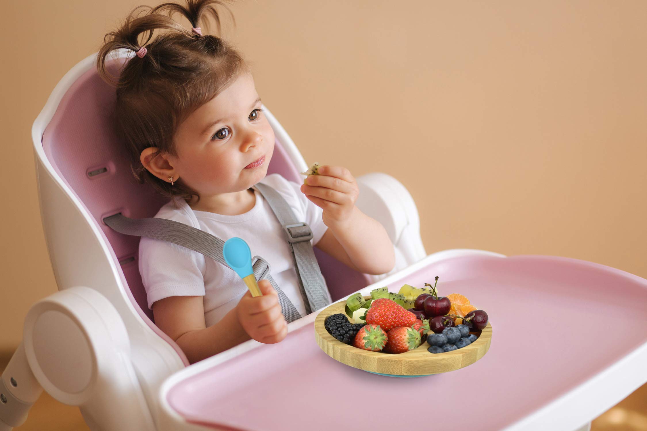 Lukylu 5-Piece Bamboo Baby Suction Plate Set - Non-Slip Toddler Bowls & Dishes for Kids - BPA-Free Training Plates for Babies - Perfect for High Chairs, Travel & Mess-Free Mealtime (Blue)