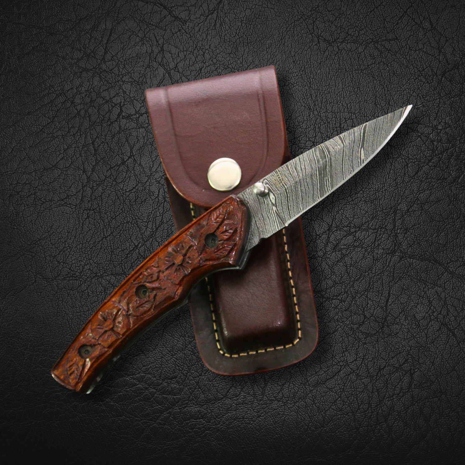 Premium Damascus Steel Folding Knife with Exotic Tali Wood Handle - Compact EDC Pocket Knife for Camping, Hiking & Outdoor Adventures