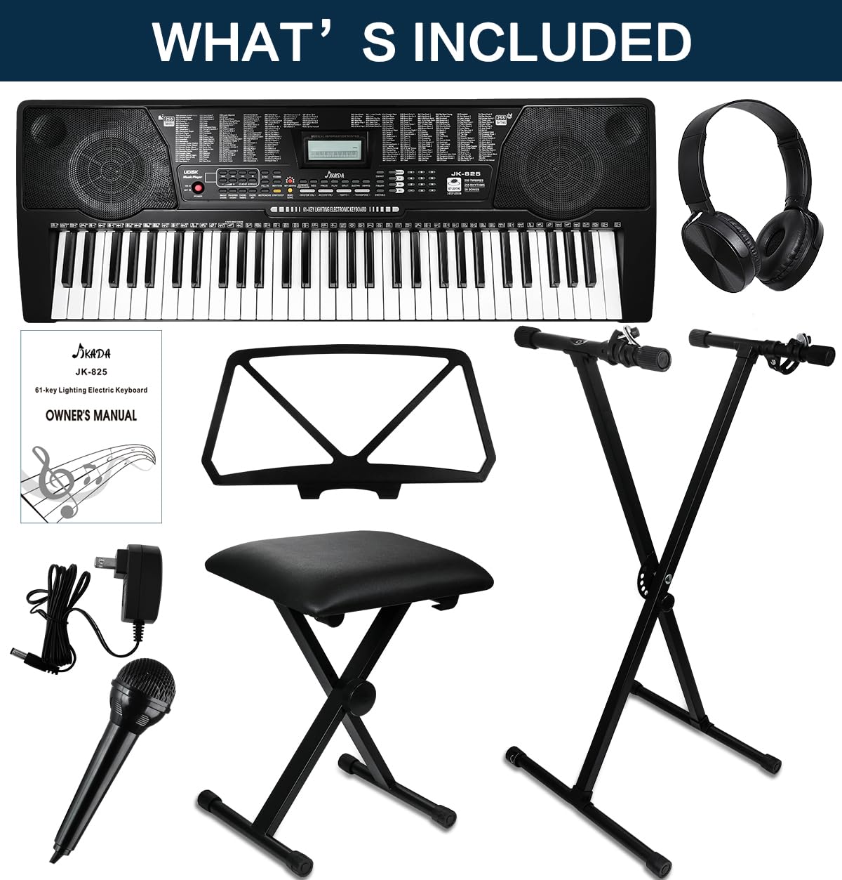 61-Key Portable Electronic Keyboard Piano with Lighted Full-Size Keys, LCD Display, Headphones & Complete Accessories - Perfect for Beginners, Home Practice & Music Lessons (Includes X-Stand, Stool, Music Rest, Mic & Teaching Modes)