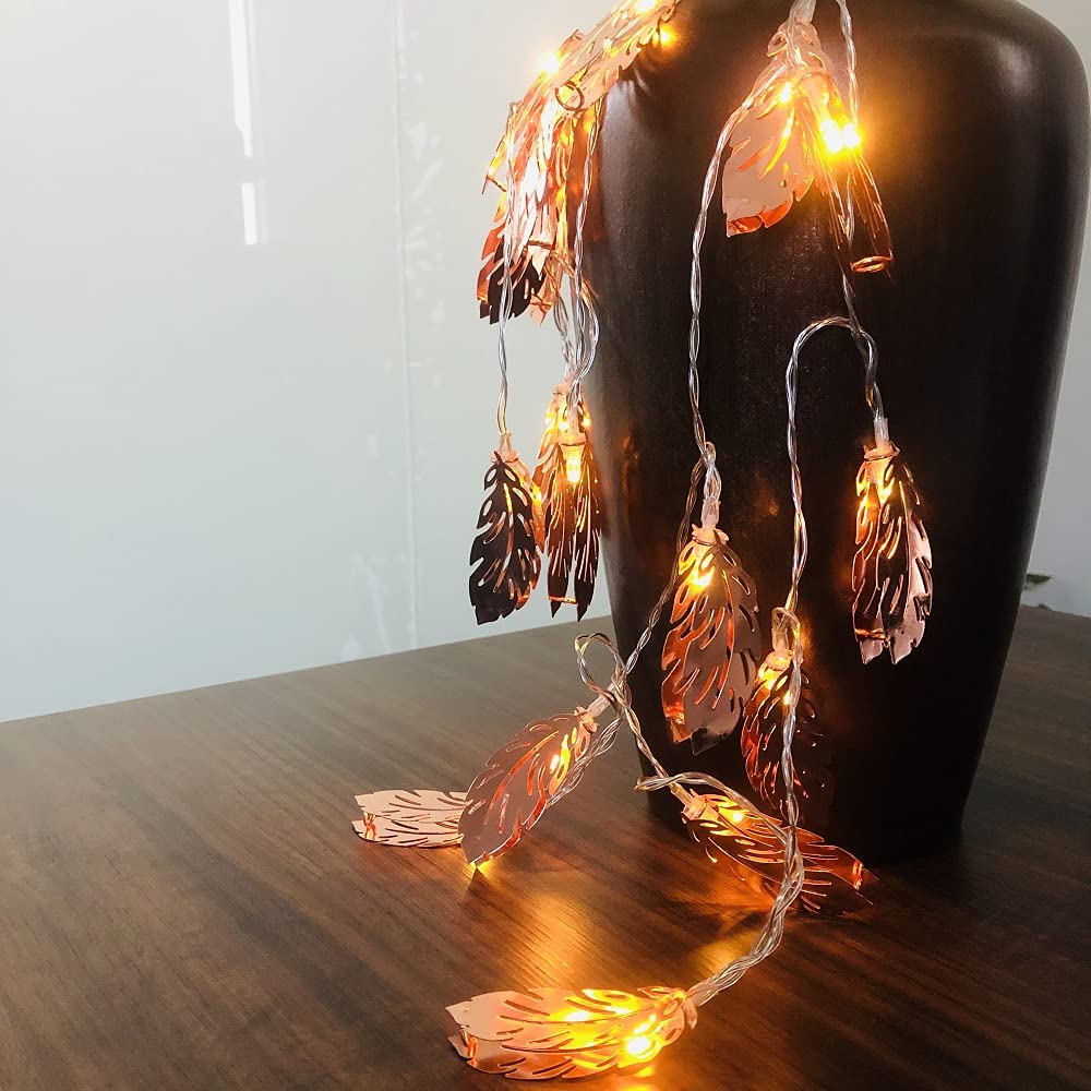 Rose Gold Feather LED String Lights - 9.8ft Battery Powered Fairy Lights with Metal Leaf Lanterns for Bedroom Decor, Wedding Party, Garden & Outdoor Lighting (20 Warm White LEDs, USB/Battery Operated) - Perfect for Romantic Ambiance, Holiday Decorations and Special Events