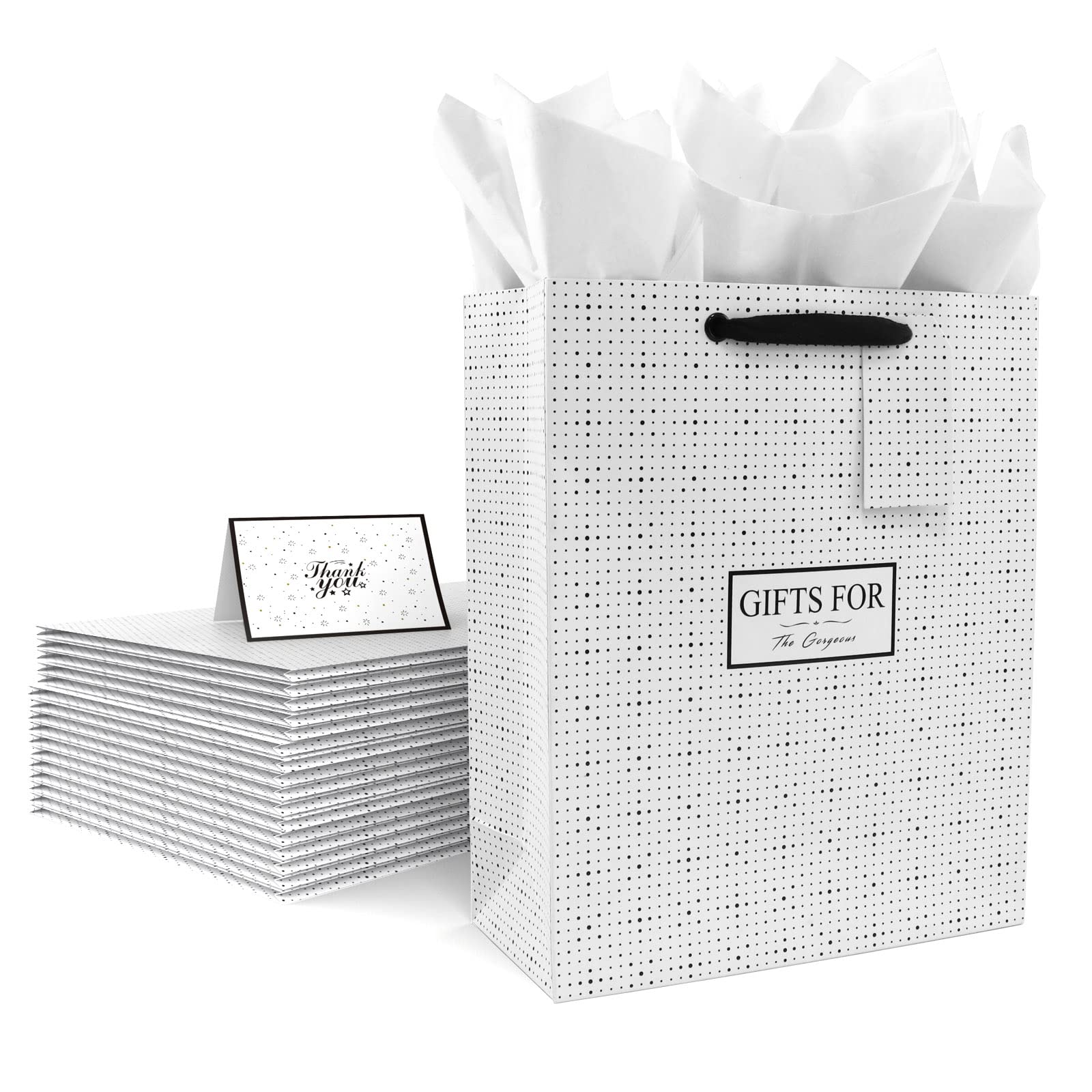 JiaWei 15 Inch Large Luxury Gift Bags - 6 Pack Black Foil Dot Gift Wrap Bags with Tissue Paper, Sturdy Ribbon Handles, Blank Tags & Cards - Perfect for Christmas, Birthday, Baby Shower, Wedding & Party Gift Giving