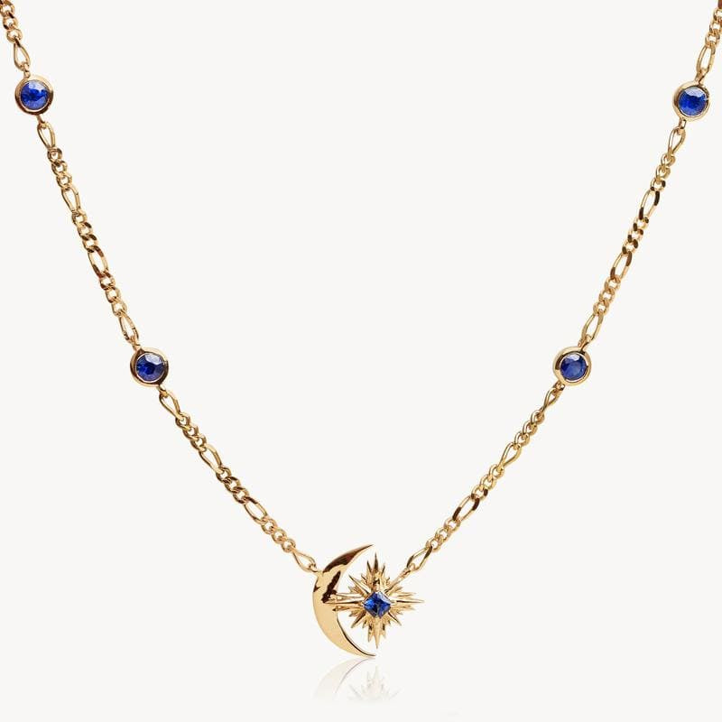 Moon and Star Charm Sapphire Starburst Necklace - Elegant Celestial Jewelry for Women | Perfect for Date Nights, Weddings & Special Occasions