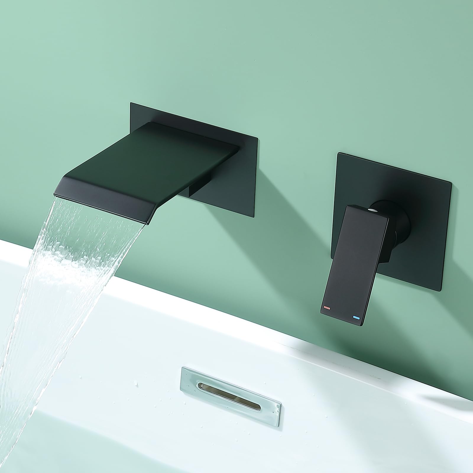 Wall Mount Bathtub Faucet - Matte Black Stainless Steel & Brass Waterfall Tub Filler Set with Single Handle (Spout, Handle, Rough-in Valve Included) - Perfect for Modern Bathroom, Spa, and Luxury Home Renovation
