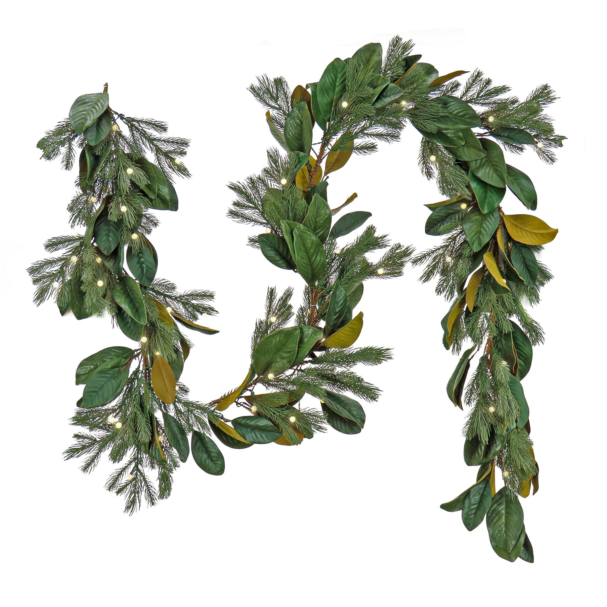 9 Ft Pre-Lit Magnolia Pine Garland with LED Lights - Artificial Christmas Garland for Holiday Decor, Mantel, Staircase & Fireplace