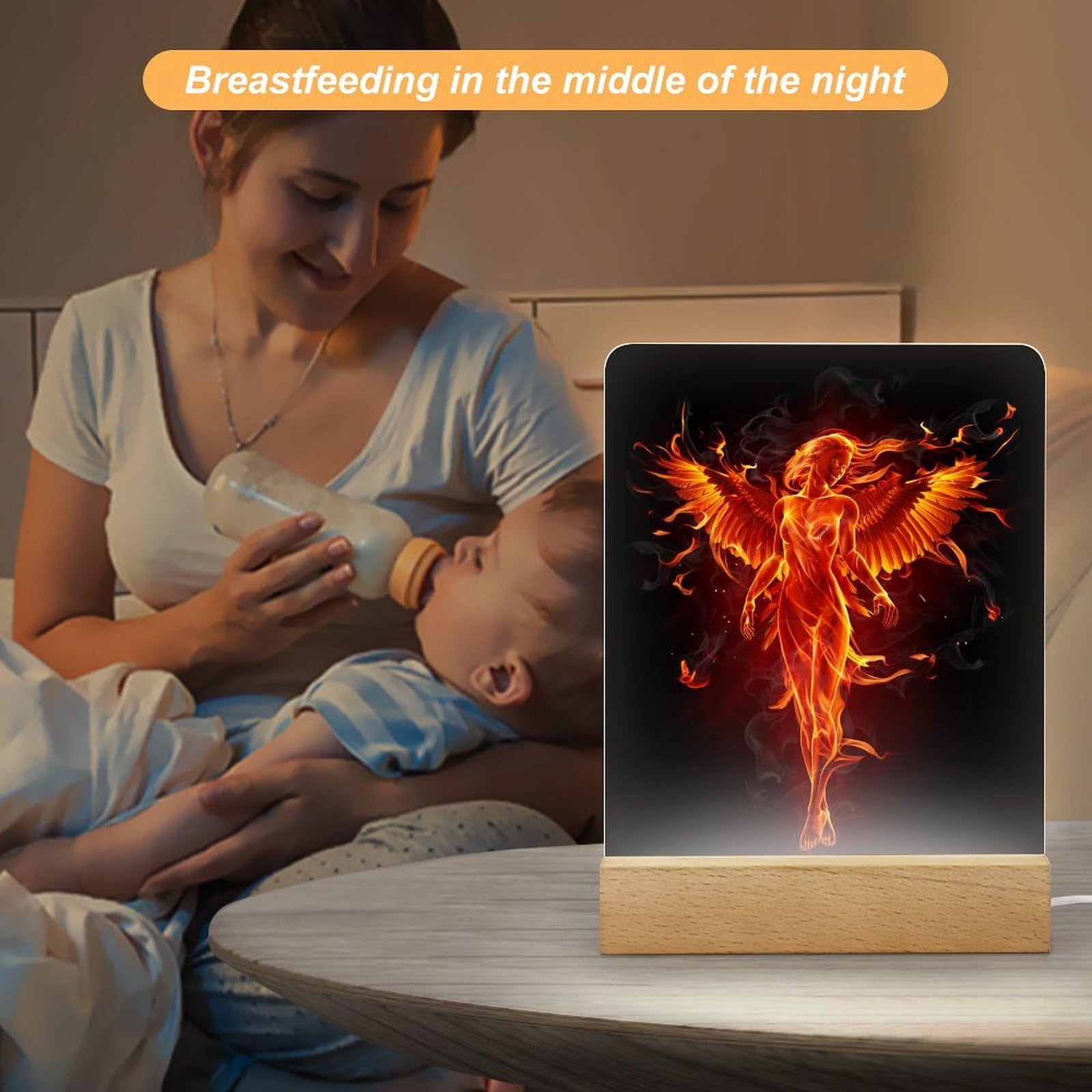 3D LED Night Light - Burning Angel of Flame Design with Clear Acrylic Base | Bedroom Decor, Kids Room Nightlight, Halloween Party Decoration