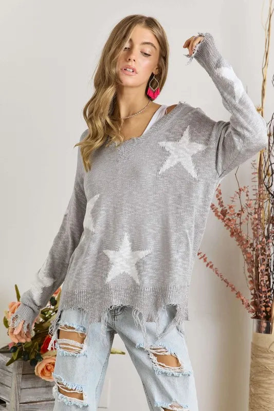 ADORA Distressed Star Sweater Top for Women - Trendy Oversized Knit Pullover with Unique Star Design | Perfect for Casual Outfits, Streetwear & Winter Layering