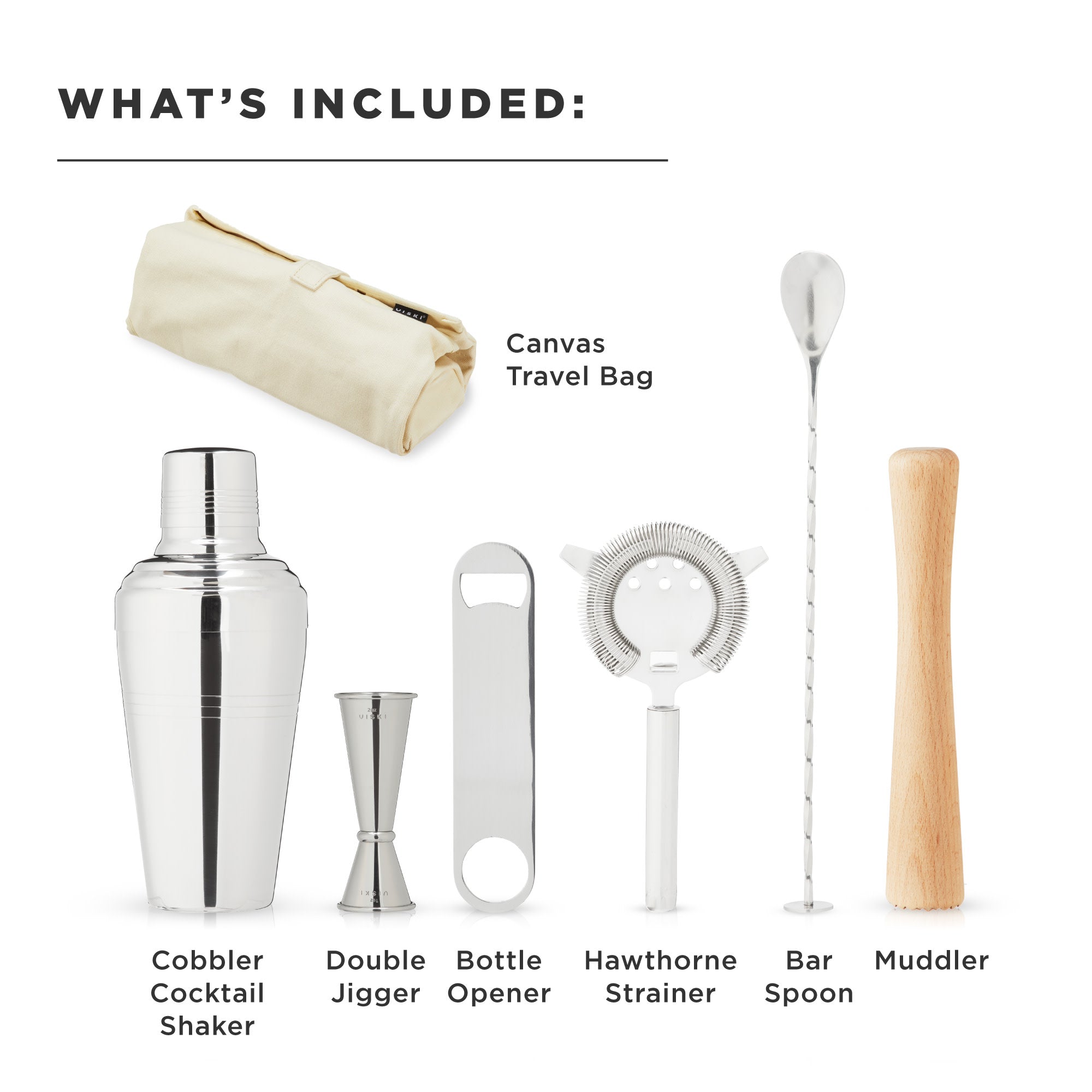 Premium 7-Piece Stainless Steel Travel Barware Set - Cocktail Shaker, Jigger & Tools for Home Mixology, Outdoor Parties & Camping - Portable Bartender Kit for Gifts