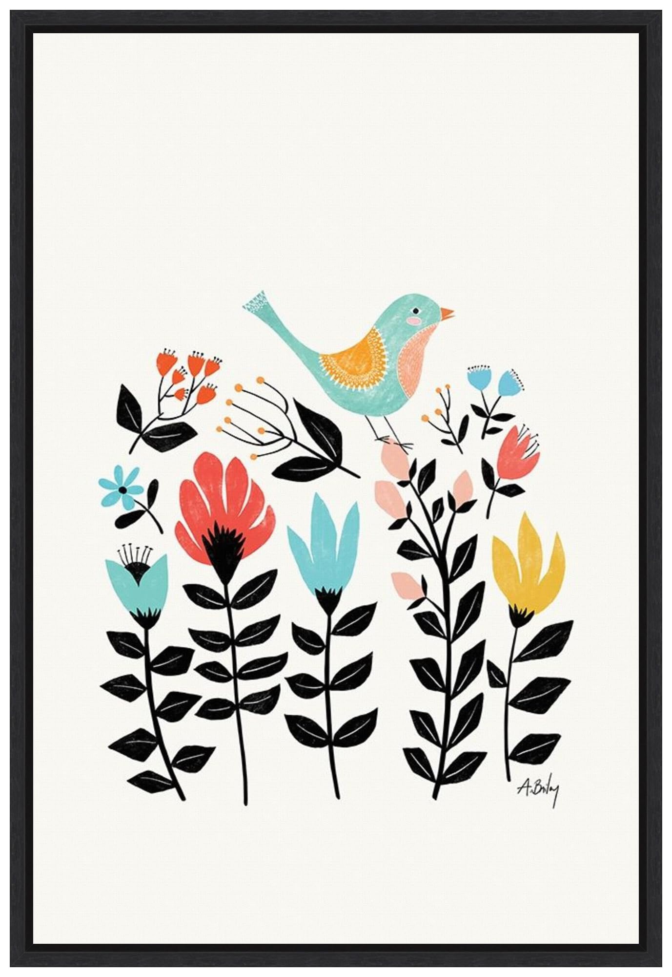 Amanti Art Framed Canvas Wall Art - 33x23 Folk Art Garden (Bird) by Annie Bailey, Modern Animal Painting for Home Decor | Perfect for Living Room, Bedroom & Bathroom | Large Framed Poster Artwork for Wall Decor