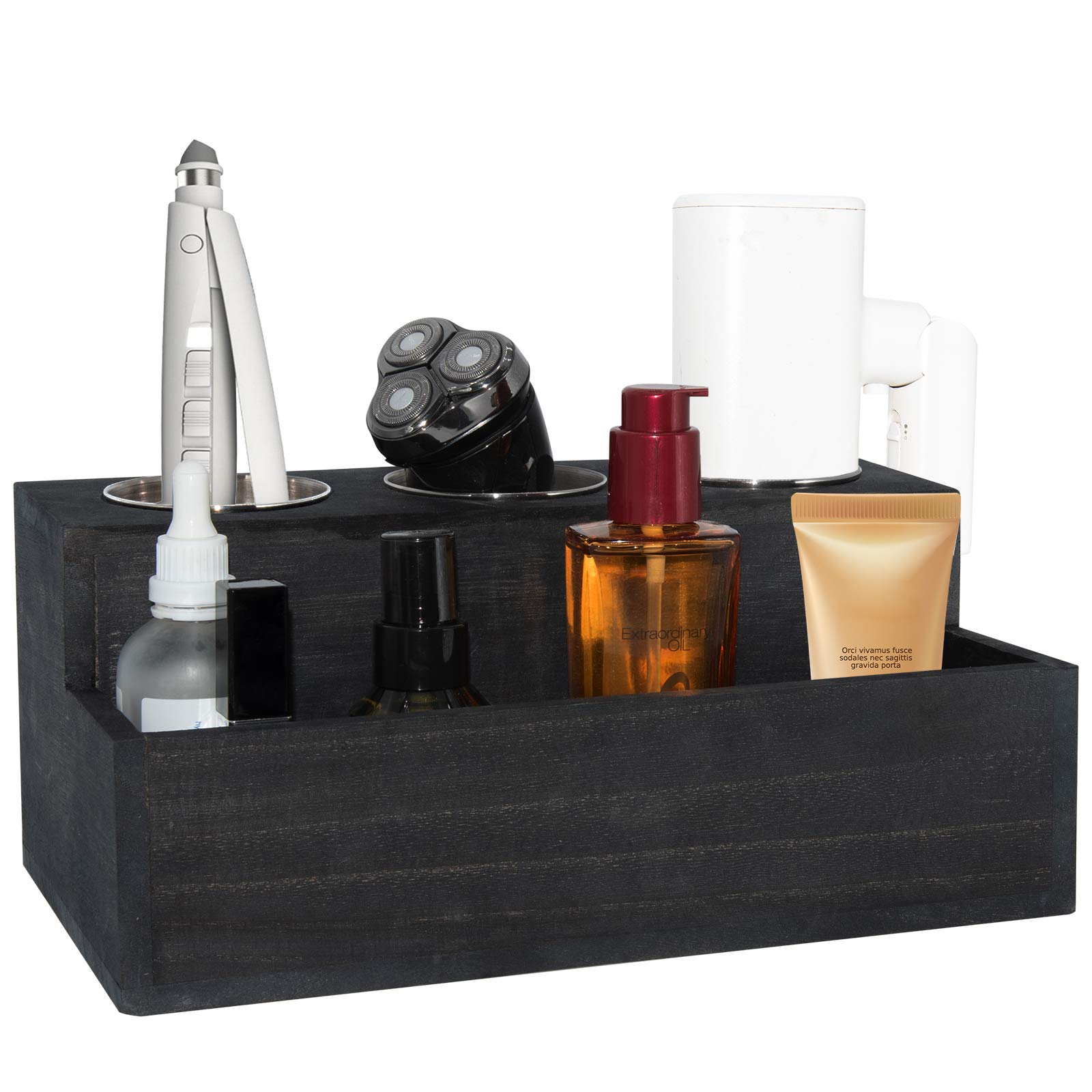Rustic Wooden Hair Dryer Holder with 3 Holes & Storage Compartment - Vintage Black Bathroom Organizer for Hair Tools & Accessories - Perfect for Vanity Countertop Storage & Bathroom Decor