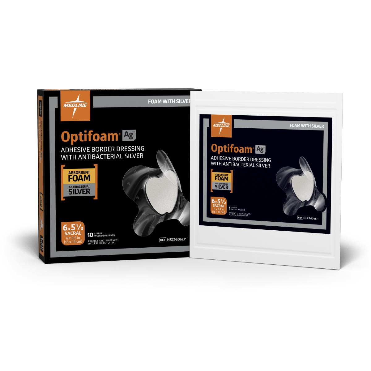 Optifoam Ag Silver Antimicrobial Adhesive Wound Dressing, 6.5 x 5.5 Inches (10 Count Box) - Ideal for Post-Surgical Care, Chronic Wounds & Burn Treatment