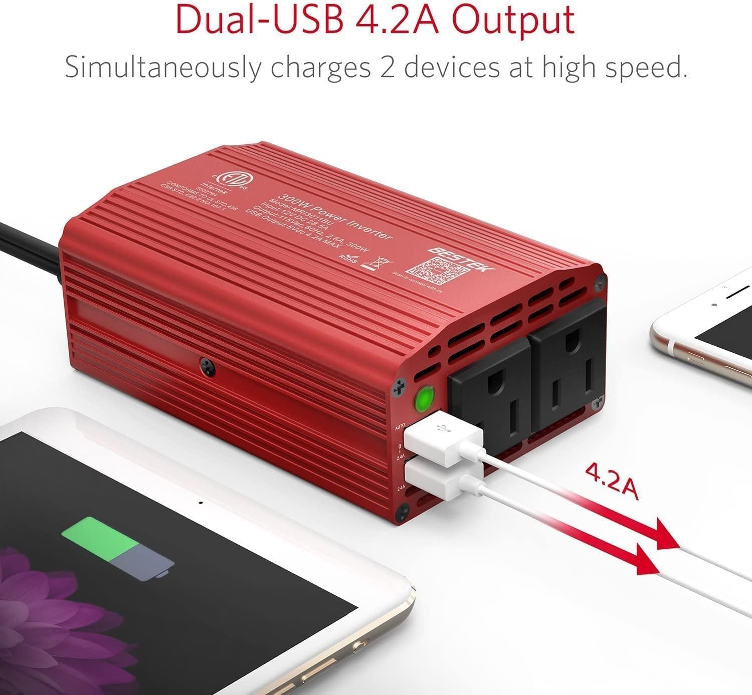 Bestek 300W Power Inverter DC 12V to 110V AC Car Charger with 4.2A Dual USB Ports - Perfect for Road Trips, Camping & Charging Laptops in Vehicles