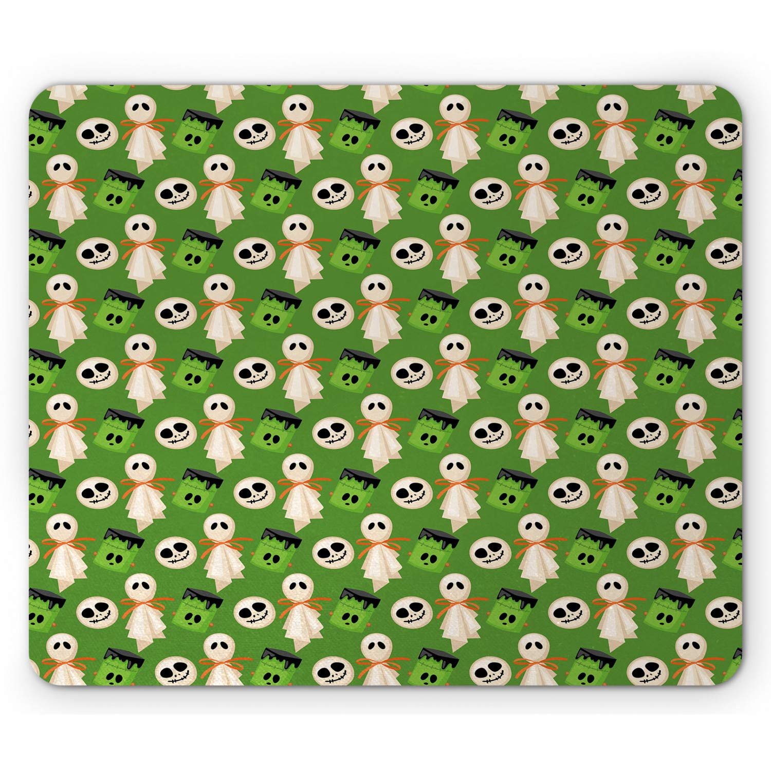 Ambesonne Halloween Mouse Pad - Non-Slip Rubber Mousepad with Horror Theme Ghosts & Scary Heads Pattern, Standard Size Rectangle Desk Mat in Fern Green Orange & Ecru - Perfect for Office, Gaming & Halloween Decor