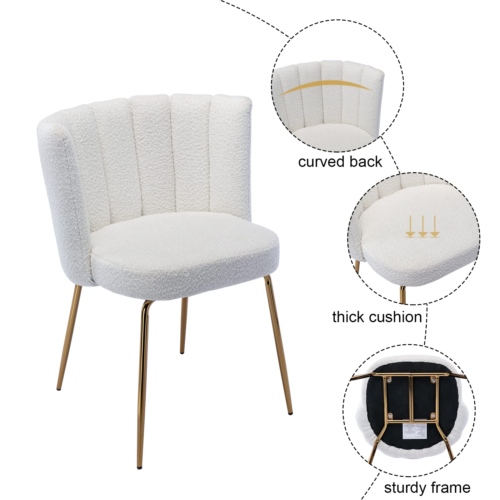 Chairus Dining Chairs Set of 2 - Modern Upholstered Accent Chairs with Curved Back & Gold Metal Legs, Soft Lamb Wool Fabric in White - Perfect for Living Room, Kitchen, Bedroom or Vanity Area