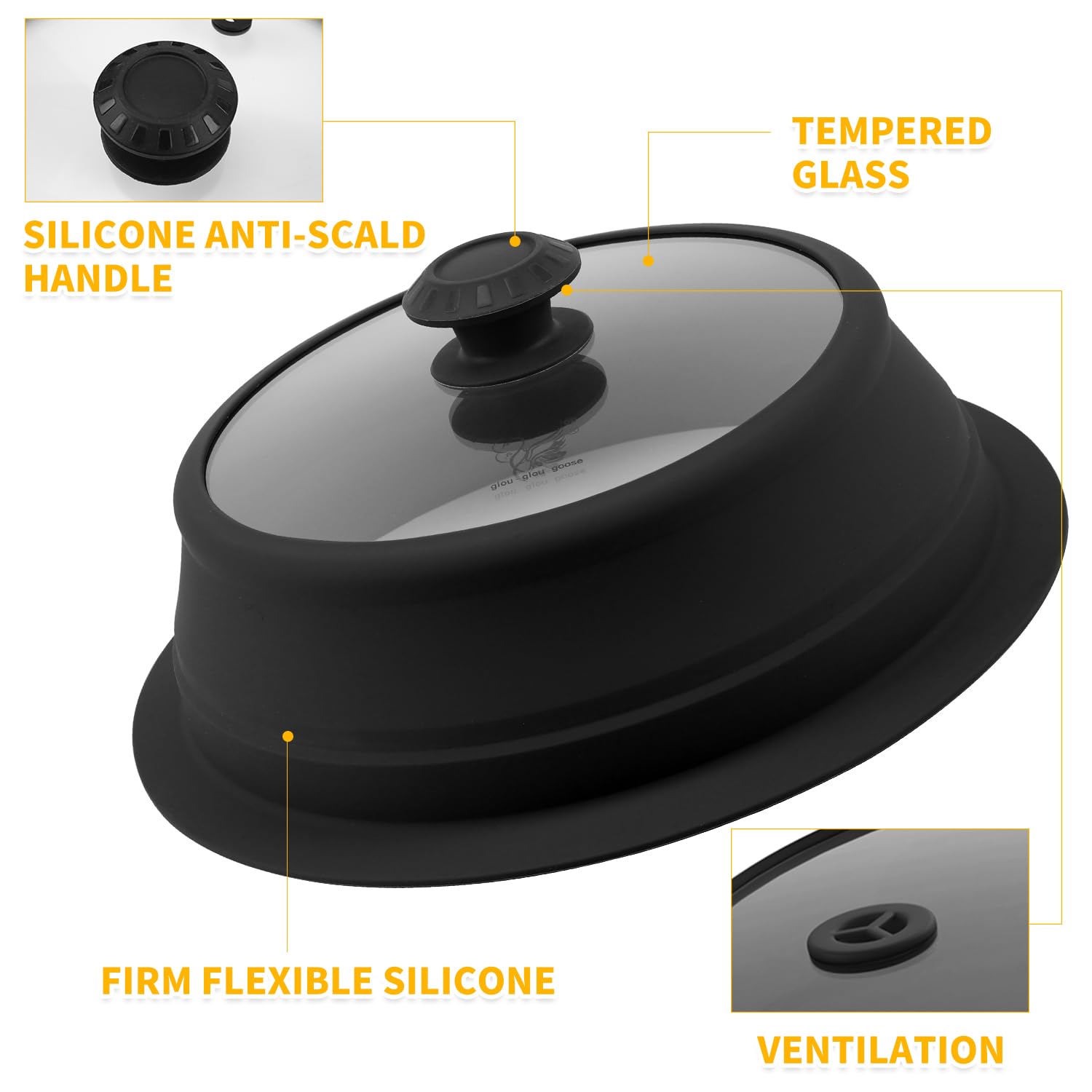 **10.5-11 Inch Universal Vented Tempered Glass Lid for Stockpot, Steamer Pot & Pan – Microwave Safe, Collapsible Silicone Cover – Perfect for Cooking, Steaming & Microwave Use**