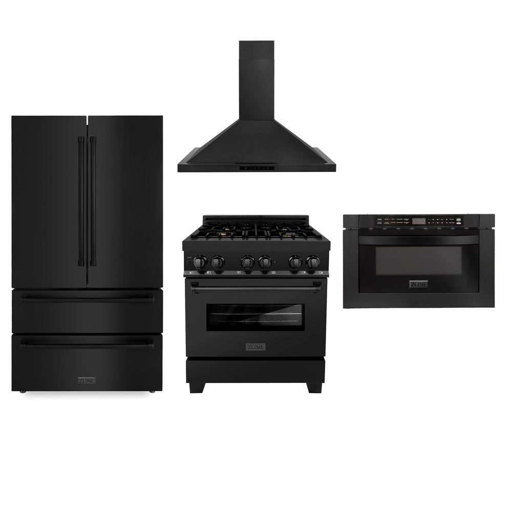 ZLINE 30-inch Black Stainless Steel Kitchen Package - Dual Fuel Range, Range Hood & Microwave Drawer (4KPR RABRH30 MW) | Premium Appliance Bundle for Modern Kitchens & Home Renovations