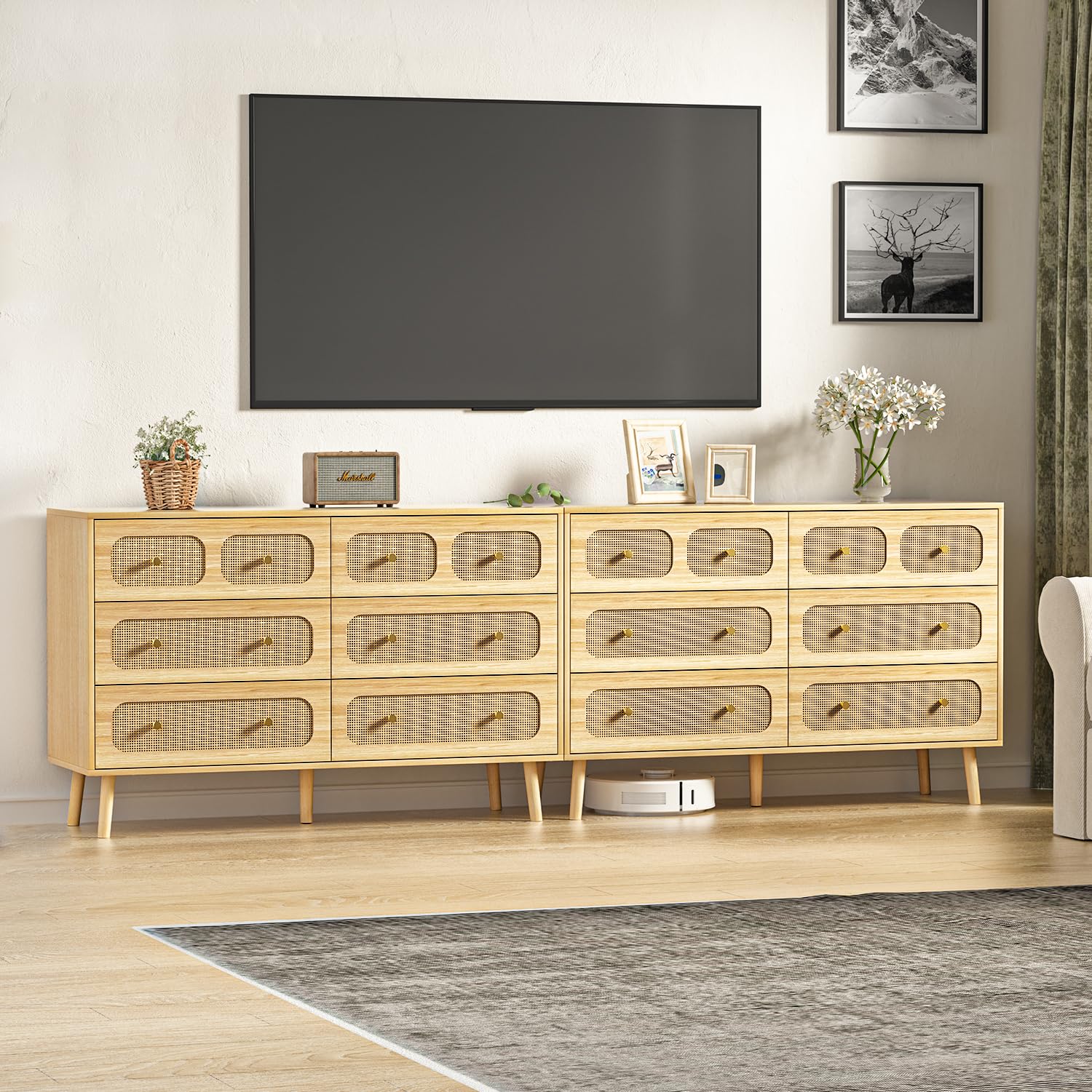 Modern Rattan Dresser for Bedroom - 6 Drawer Double Dresser with Gold Handles, Natural Wood Storage Chest - Perfect for Bedroom Organization & Home Decor