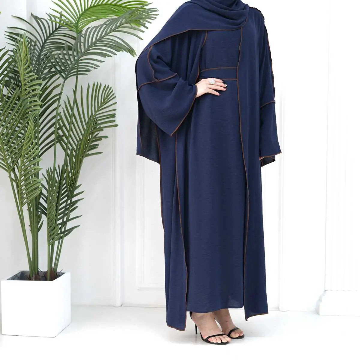 2-Piece Heavy Wrinkle Fabric Open Abaya Dress Set for Women - Modest Muslim Prayer Dress with Long Sleeves - Perfect for Eid, Ramadan & Special Occasions