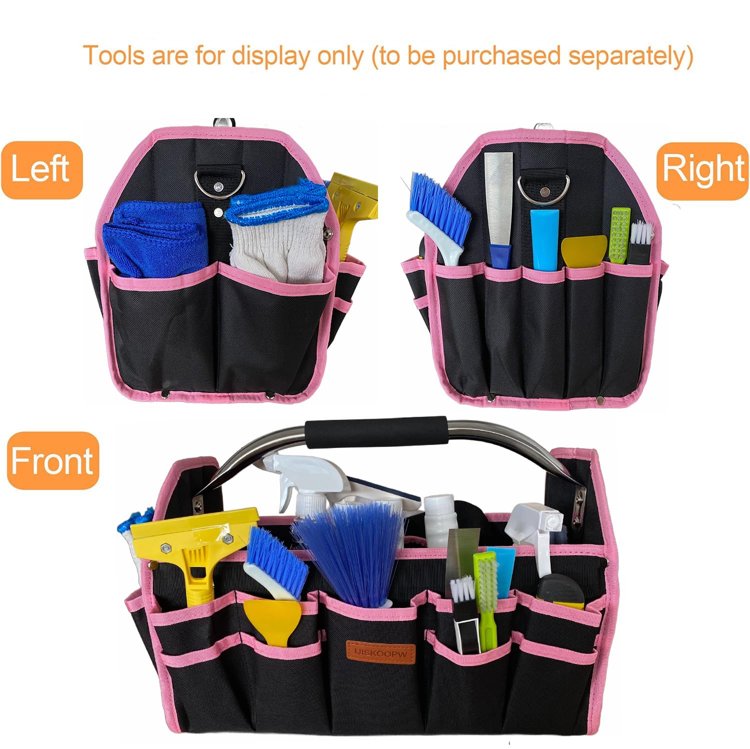 Pink Cleaning Caddy Organizer with Handle - Portable Storage for Cleaning Supplies, Housekeeping & Car Detailing - Durable Cleaning Caddy Bag for Home, Office & Travel (Pink Trim)