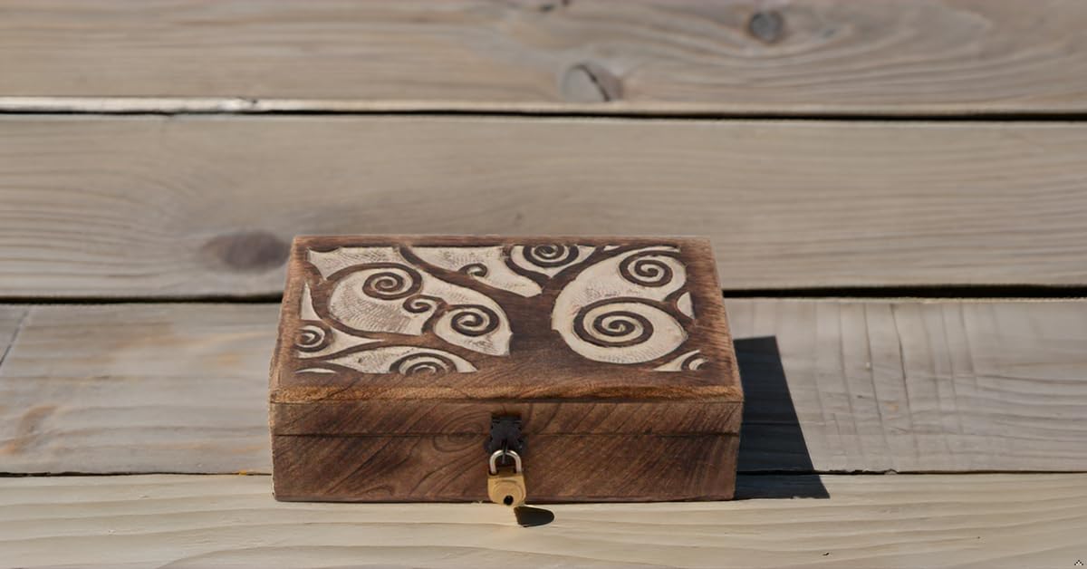 Handmade Wooden Jewelry Box with Tree of Life Carving - Lockable Keepsake Storage Organizer for Rings, Necklaces & Watches | Perfect Birthday Gift, Wedding Present & Home Decor Accessory