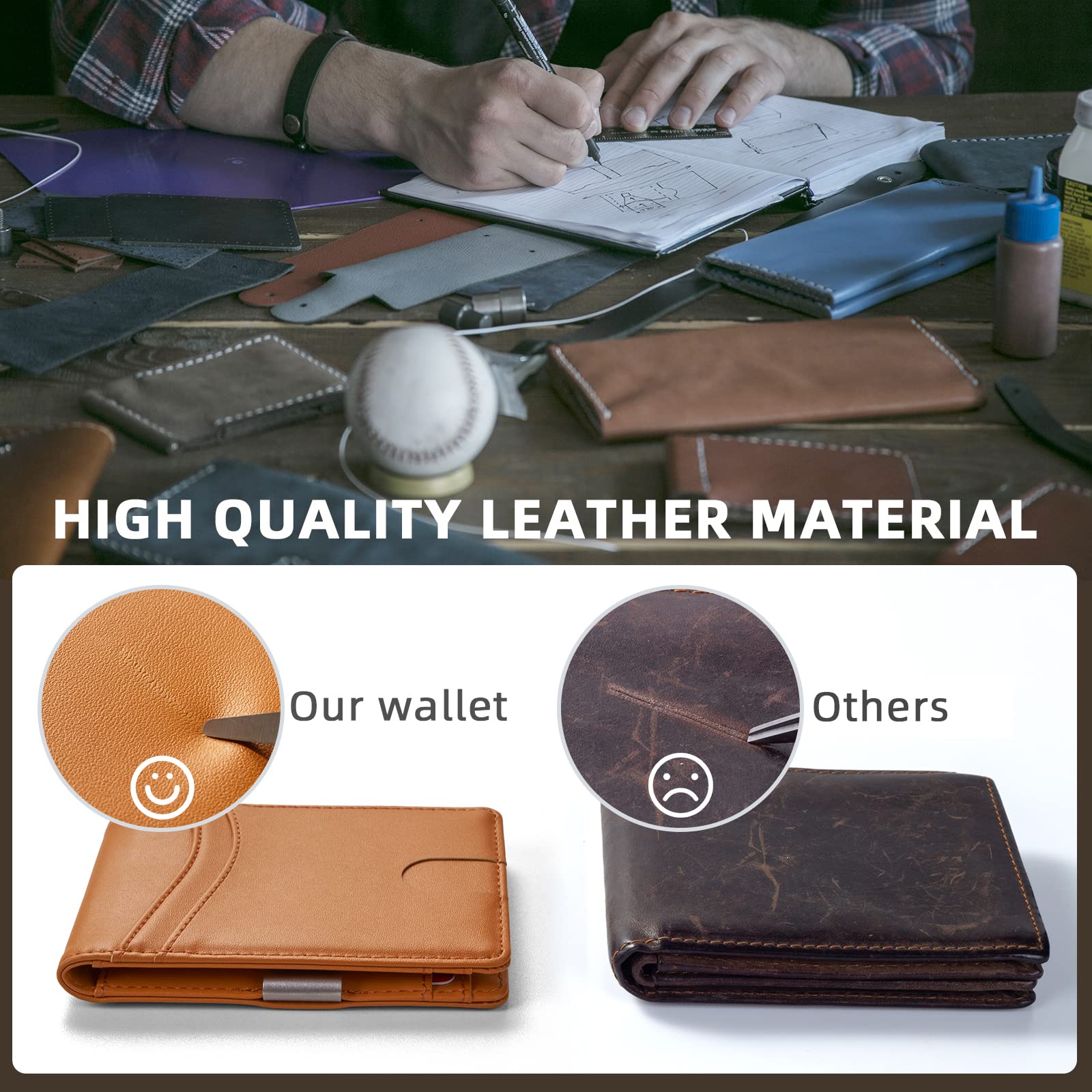 Premium Minimalist Slim Leather Wallet for Men - RFID Blocking Bifold Wallet with Money Clip | Nappa Orange | Stylish Front Pocket Wallet for Everyday Carry & Travel