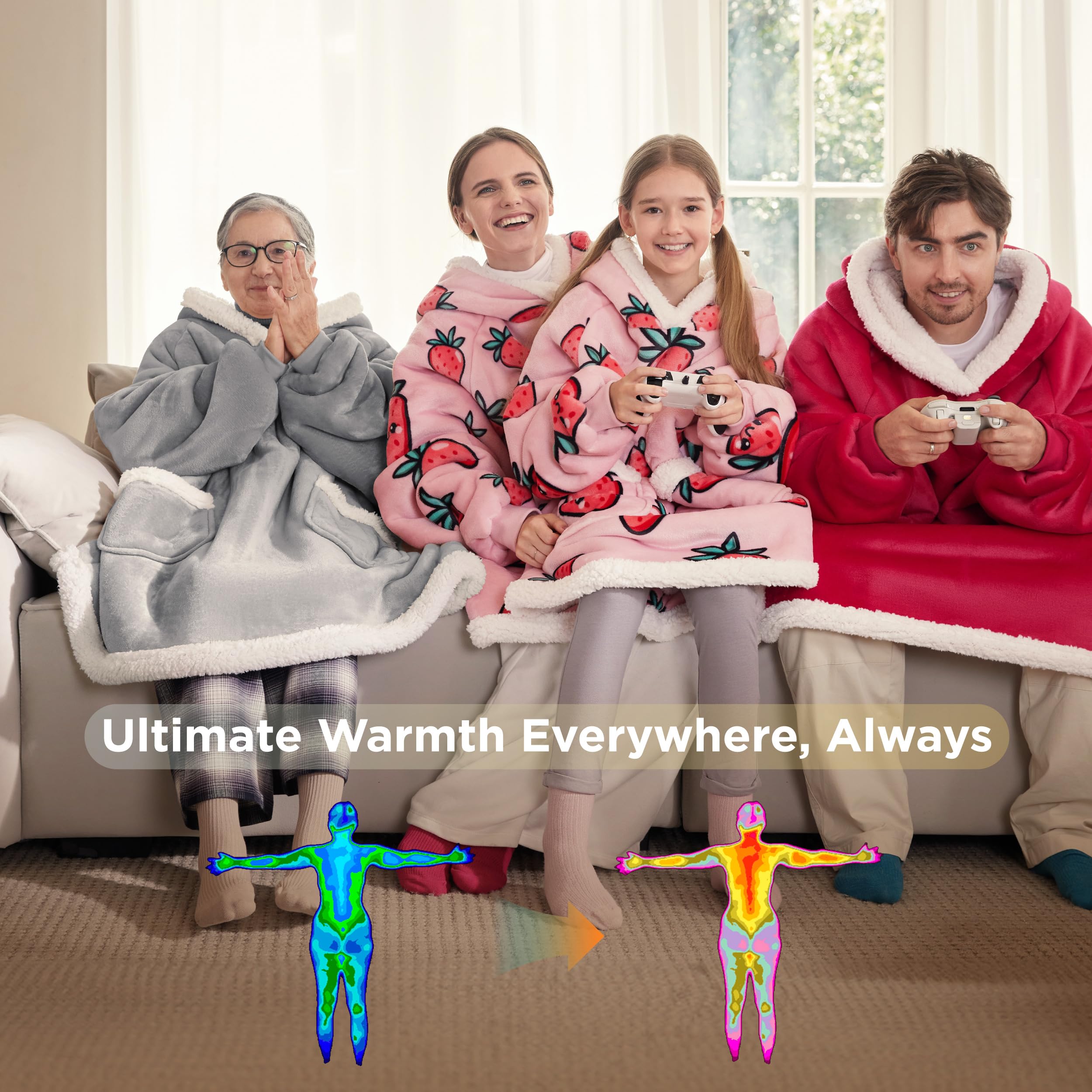 Bedsure Wearable Blanket Hoodie for Adults & Kids - Soft Fleece Sherpa Hooded Blanket, Perfect Birthday Gift for Women, Men, Mom - Great for Christmas, Mothers Day, Cozy Nights & Movie Time (Grey)