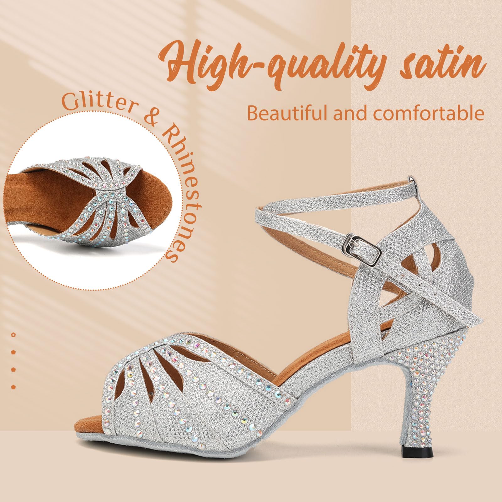 Latin Ballroom Dance Shoes for Women - Rhinestone Salsa Shoes with 3 Inch Heel & Suede Sole | Perfect for Salsa, Bachata, Tango & Ballroom Dancing