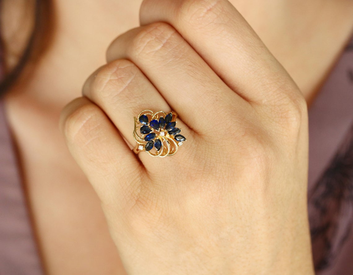 1.08tcw Vintage Sapphire & Diamond Cocktail Ring in 14K Gold - Elegant Statement Jewelry for Parties, Weddings & Special Occasions