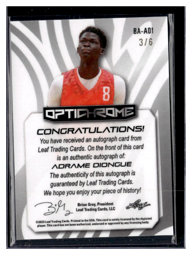 2022 Leaf Optichrome Basketball Card - Adrame Diongue Auto #BA AD1 /6 - Rare Collectible for Sports Fans & Card Enthusiasts - Perfect for Trading, Displaying, and Investing