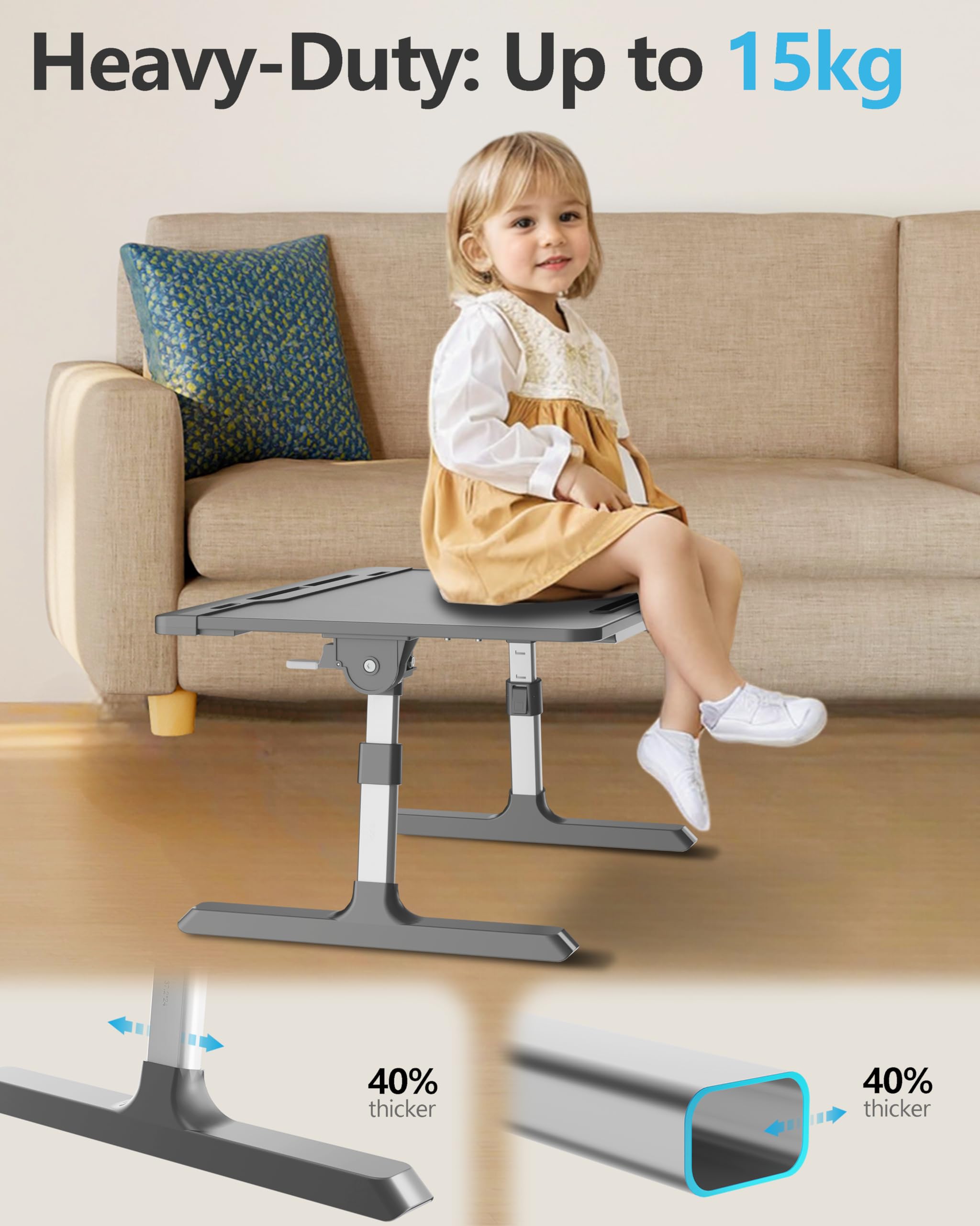 Adjustable Laptop Desk for Bed - Large Portable Workstation with Book Stand, Drawer, Wrist Cushion & Phone Holder - Perfect for Working, Studying, Writing & Dining in Bed or Sofa - Gray Ergonomic Laptop Table