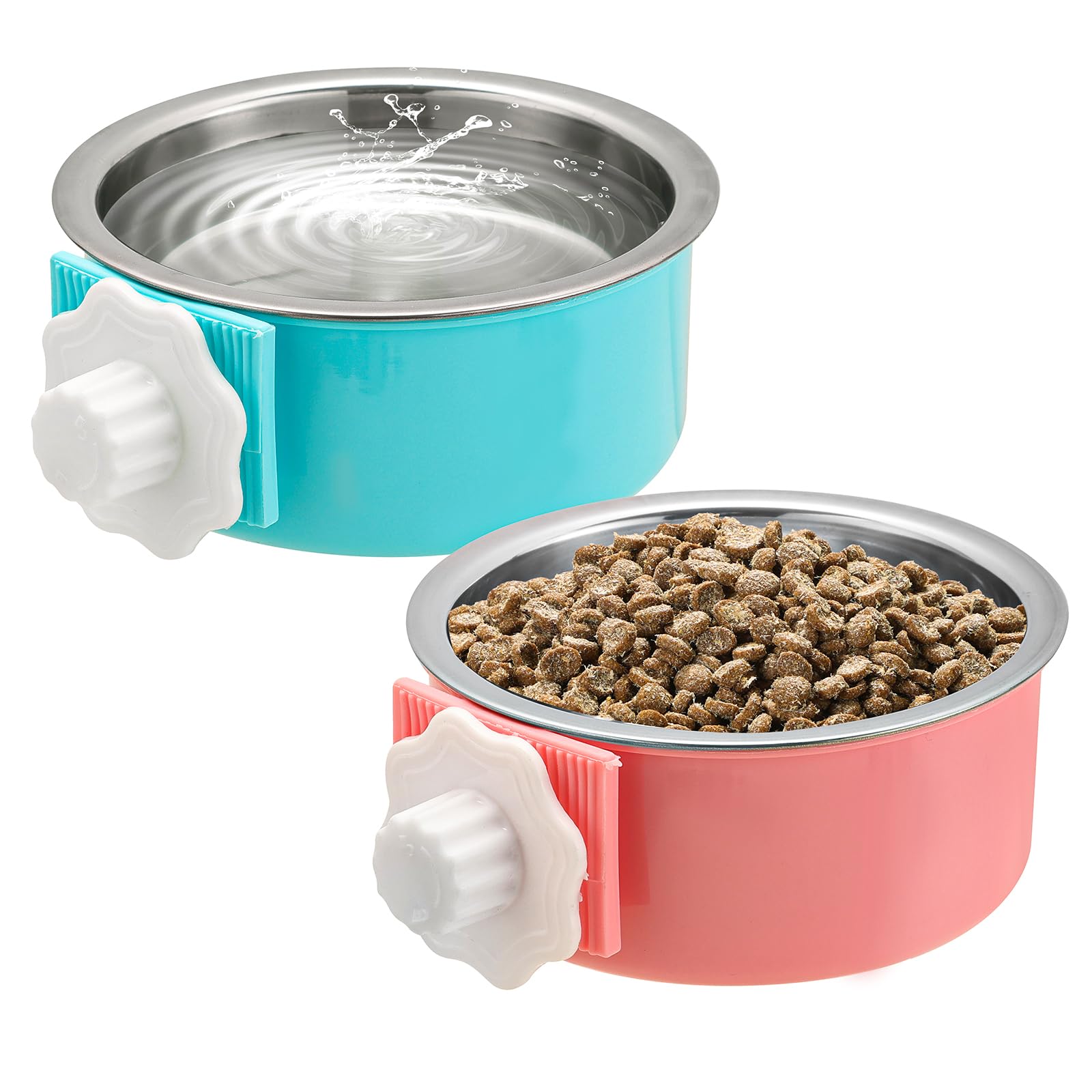 2 Pack Removable Stainless Steel Hanging Pet Bowls - Dog Food & Water Feeder for Kennel, Cage, Coop - Perfect for Puppies, Medium Dogs, Cats, Rabbits, Ferrets & Birds (Blue & Red) - Ideal for Travel, Camping & Indoor/Outdoor Use
