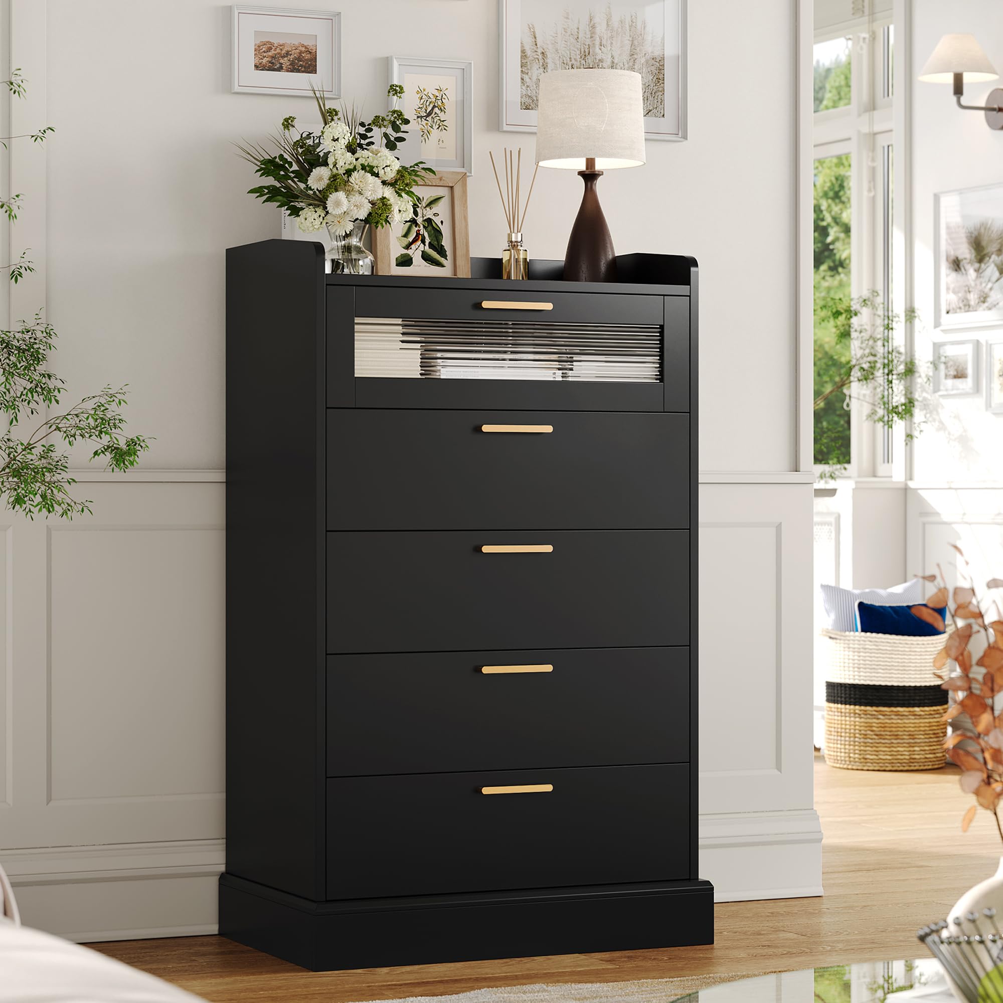 Modern 5-Drawer Dresser with Gold Handles - Wooden Storage Cabinet with Anti-Drop Fence & Fluted Glass - Black Chest of Drawers for Bedroom, Living Room, Hallway & Entryway - Perfect for Home Organization & Stylish Storage Solutions