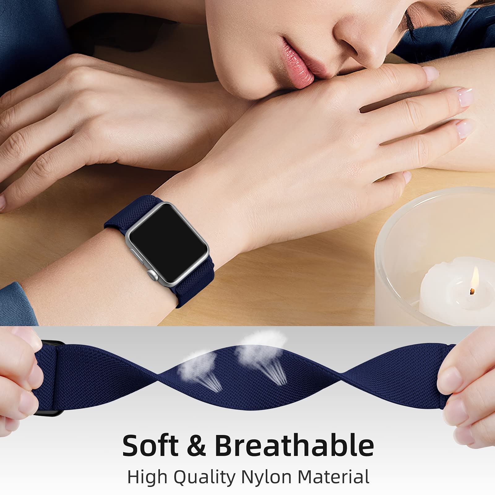 DaQin 3 Pack Stretchy Solo Loop Watch Band - Compatible with Apple Watch 38mm 40mm 41mm 42mm 44mm 45mm 46mm - Adjustable Elastic Braided Nylon Strap for iWatch Series 10/9/8/7/6/5/4/3/2/1/SE - Perfect for Workouts, Running & Everyday Wear