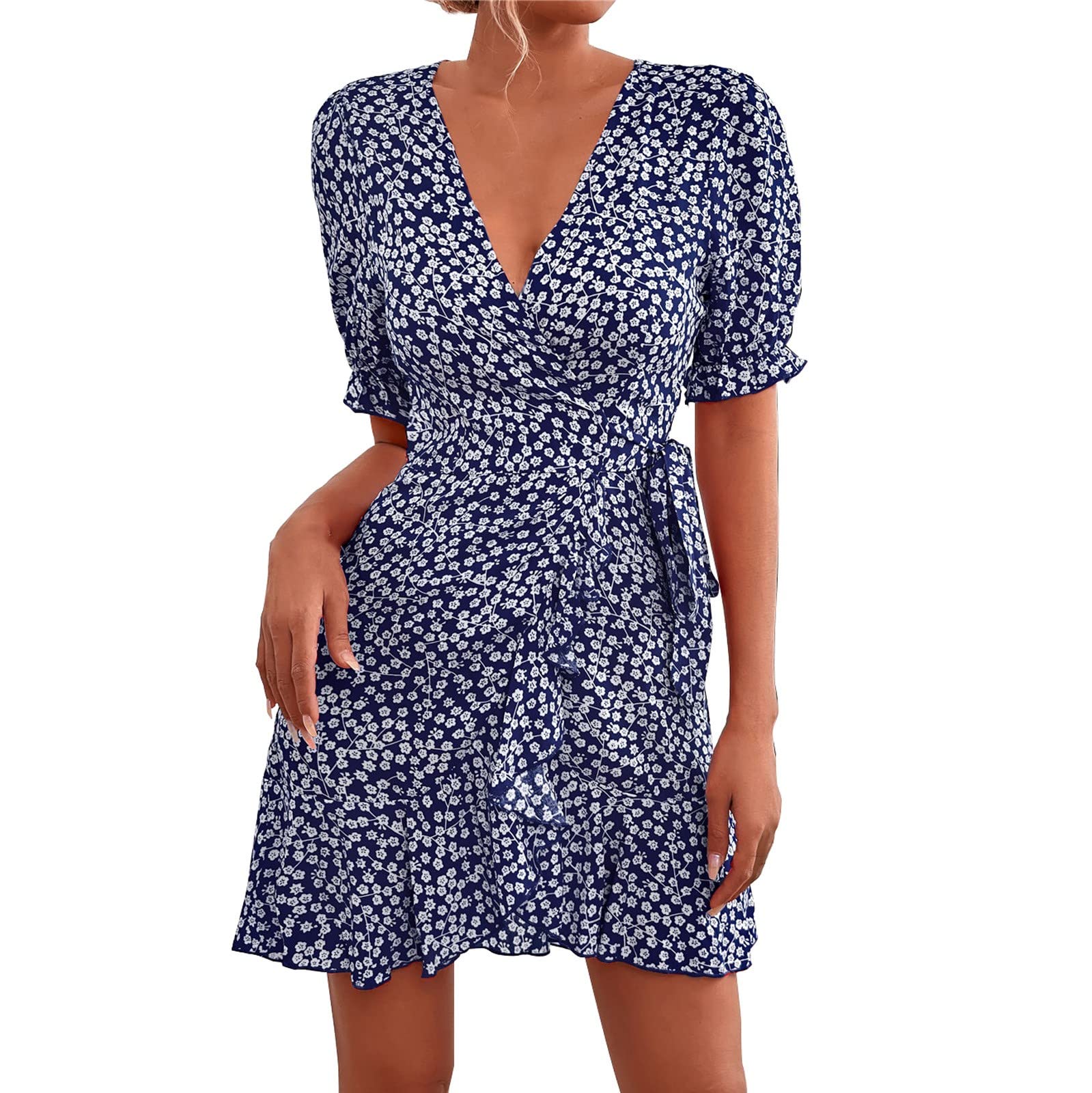 Twoker Women's Summer Floral Print V-Neck Short Sleeve A-Line Dress - Elegant & Sexy Casual T-Shirt Dress for Beach, Party & Daily Wear