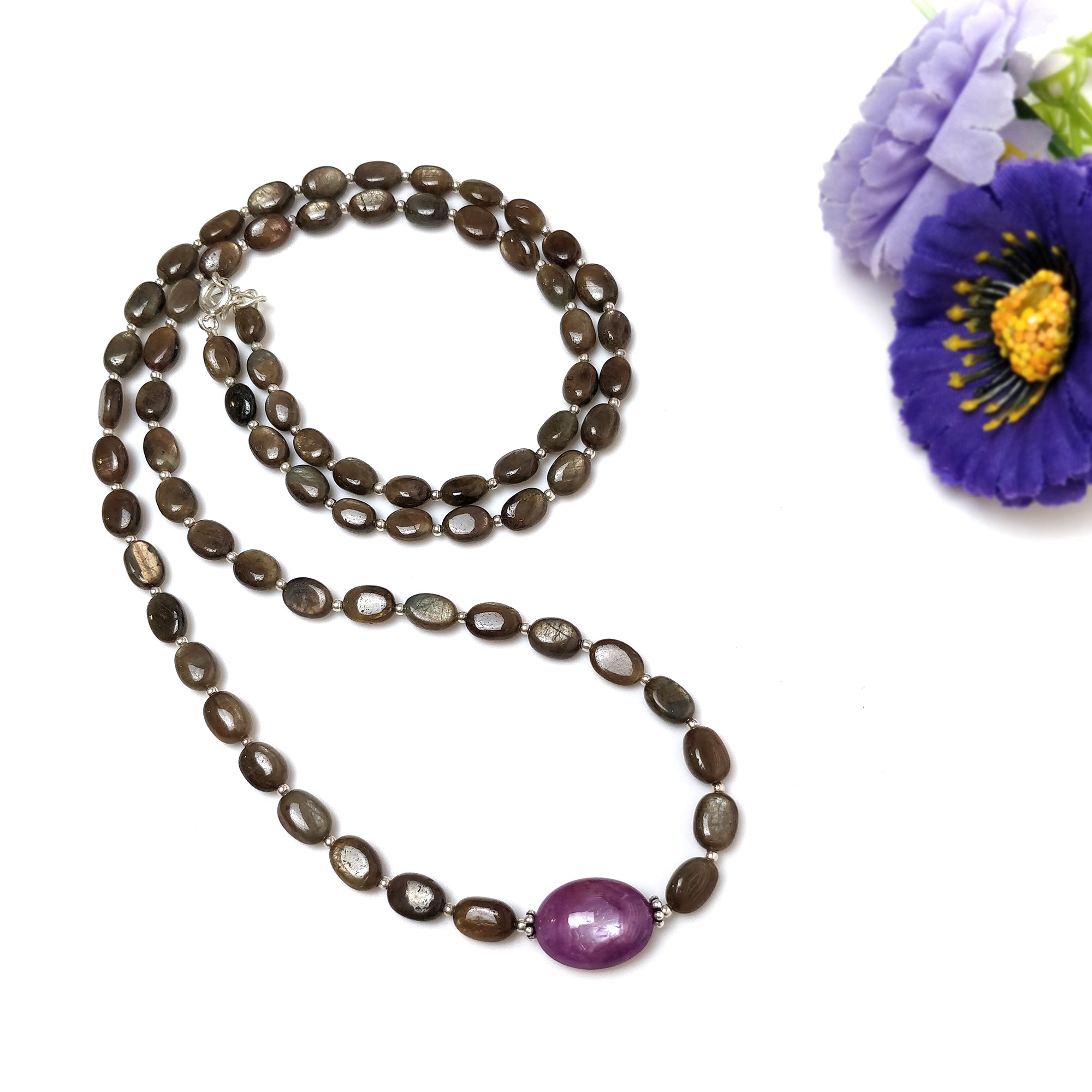 Natural Untreated Chocolate Sapphire & Star Ruby Gemstone Necklace - 131.45cts Oval Cut with 925 Sterling Silver (7x5mm - 15x11mm, 24.5