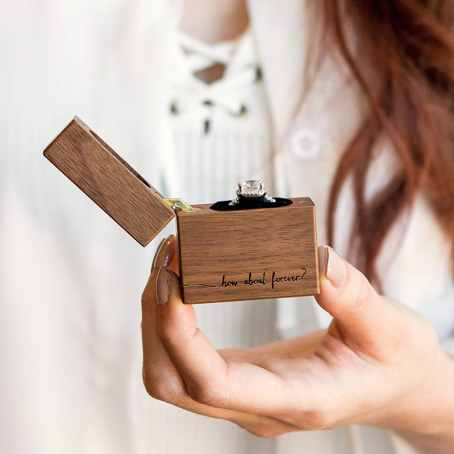 MUJEE Engraved Wooden Proposal Ring Box - Personalized Wedding Ring Bearer Box for Engagement & Ceremony - Perfect for Proposals, Vow Renewals & Photo Decor