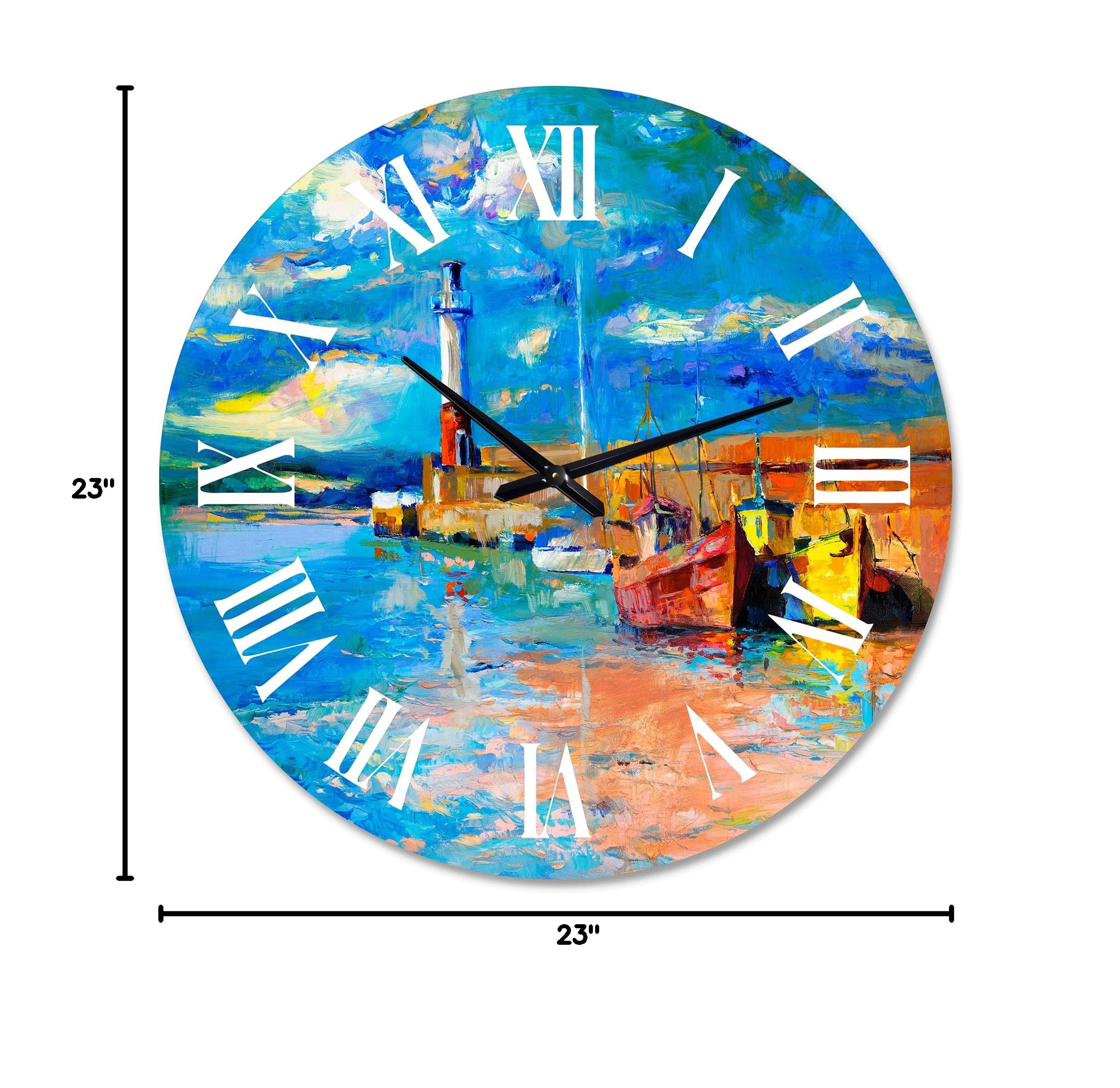 Blue Round Nautical Coastal Wall Clock - Lighthouse in Evening Glow by The Shore - Perfect for Living Room, Beach House & Coastal Decor