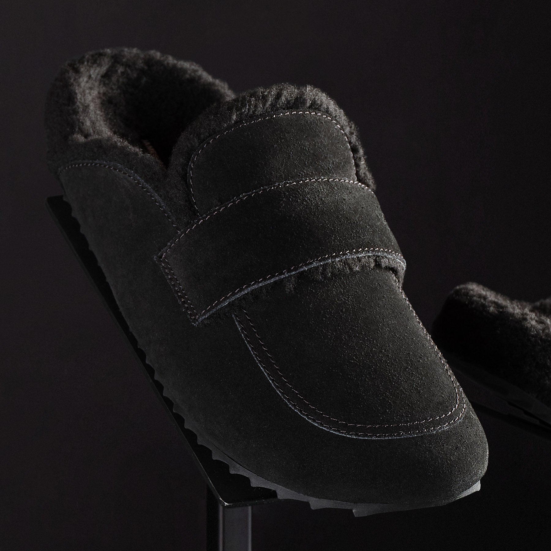 Women's Suede Shearling Loafers - Black/Black | Comfortable Slip-On Shoes for Casual Wear & Office Outfits