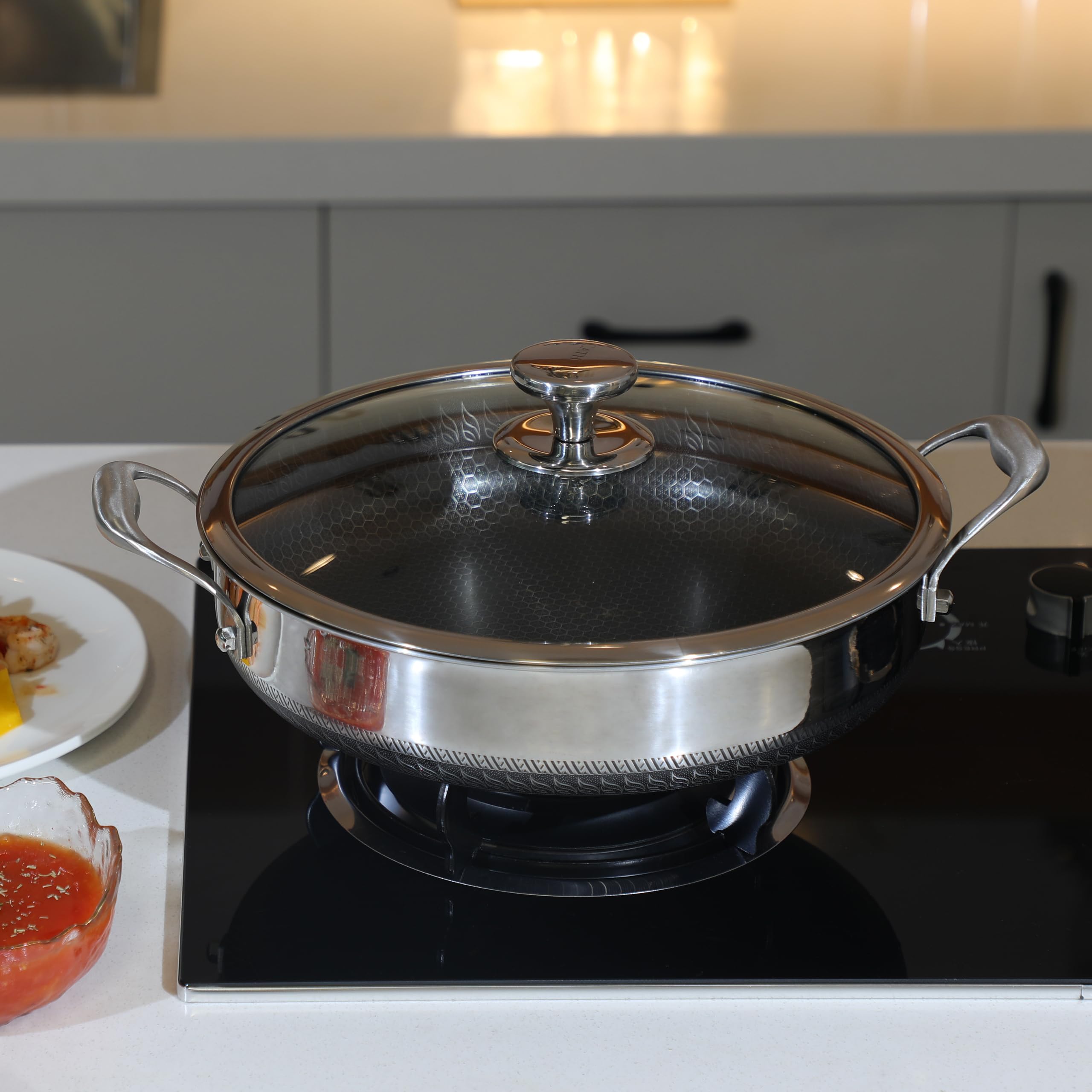 Premium 316L Stainless Steel 8QT Hexagonal Nonstick Frying Pan with Lid - PFOA Free, Dishwasher & Oven Safe - Ergonomic Dual Handles for Easy Cooking - Perfect for Stir-Frying, Sautéing & Family Meals