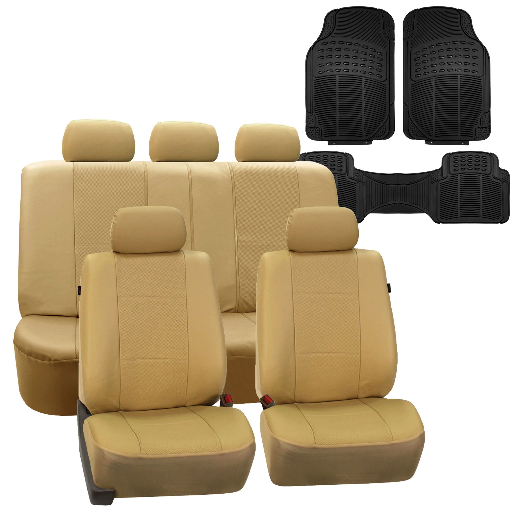 Premium FH Group Universal Car Seat Covers - Beige Full Set Leatherette Protector with Vinyl Floor Mats | Airbag Compatible, Split Bench Design | Perfect for SUVs, Trucks & Sedans | Interior Accessories for Comfort & Style