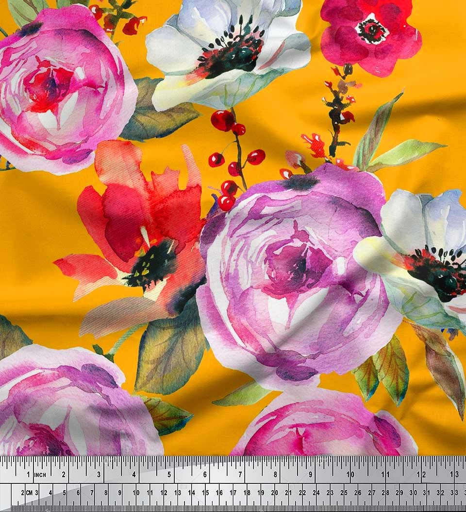 Soimoi Moss Georgette Orange Fabric by The Yard - 42 Inch Wide Floral Printed Fabric with Leaves & Peony Design for DIY Crafts, Dresses, Curtains & Home Decor | Lightweight Sheer Fabric for Sewing Projects & Fashion Design