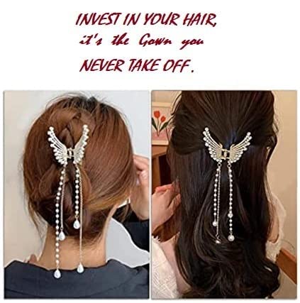 Elegant Thick Fancy Half Bun Hair Clips with Butterfly Pearl Tassel - Gold Plated Women's Hair Accessories for Parties, Weddings & Special Occasions