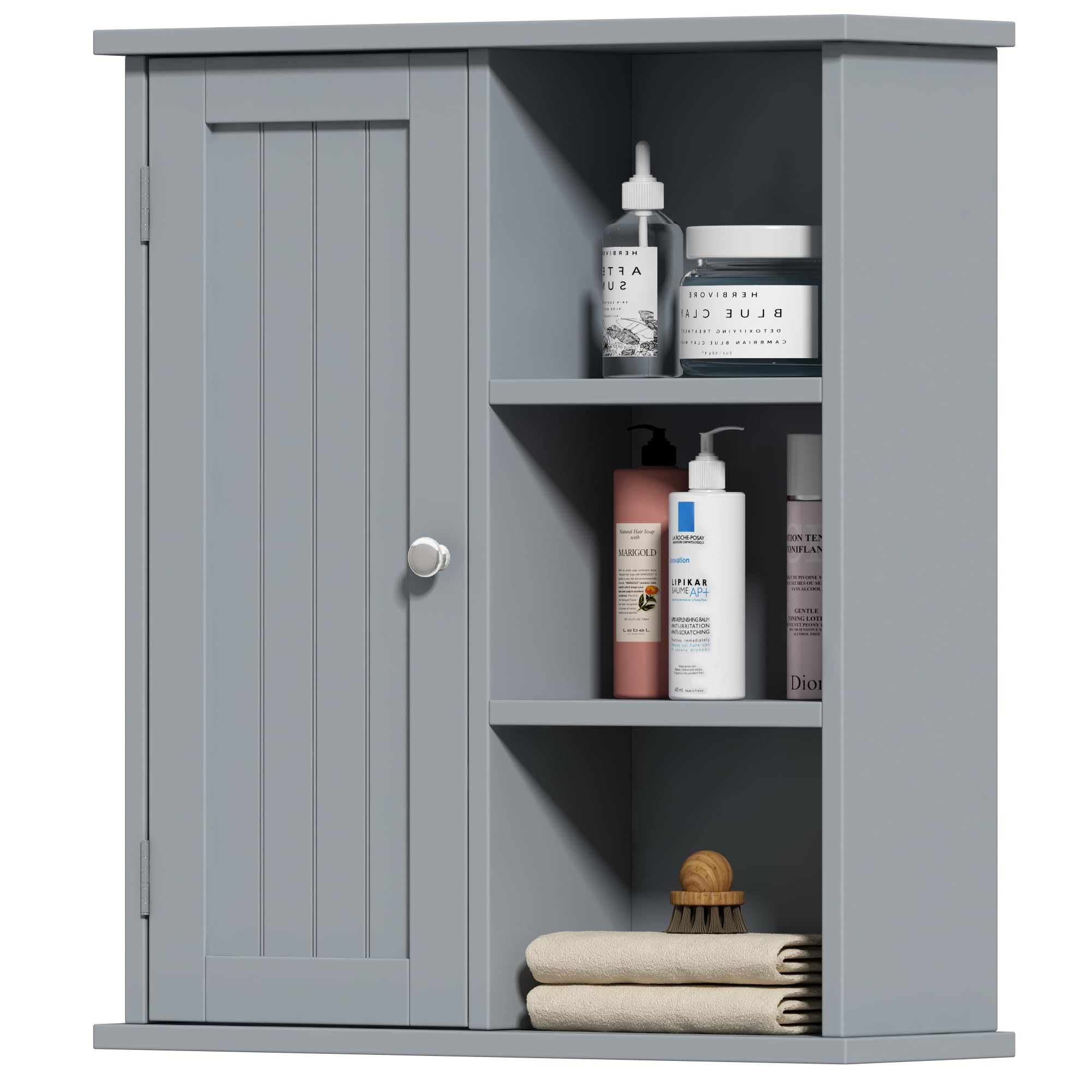 Treocho Wall Mounted Bathroom Medicine Cabinet with Door & 3 Open Shelves - Grey Bathroom Storage Organizer for Toiletries | Perfect for Bathroom, Kitchen & Living Room Organization