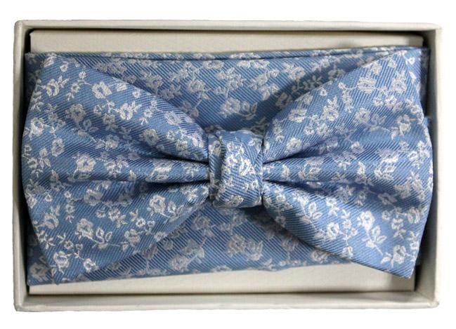 L.A. Smith Premium Polyester Blue Floral Bow Tie & Pocket Square Set - Formal Wedding, Prom, Party Accessories for Men