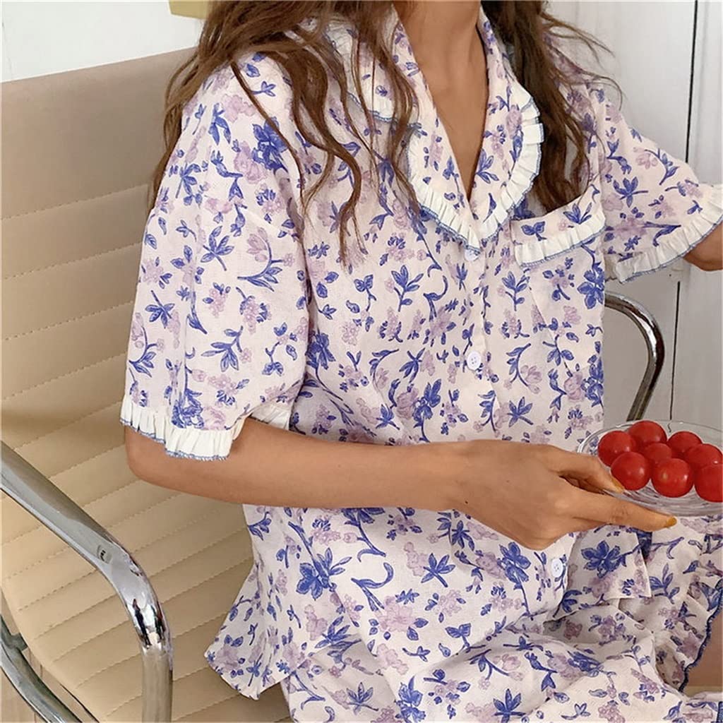 Women's Floral Print Pajama Set - Short Sleeve Top & Ruffled Shorts with Pockets - Soft Lounge Wear & Sleepwear for Women - Perfect for Relaxing at Home, Lounging or Sleepovers (Medium, Blue)