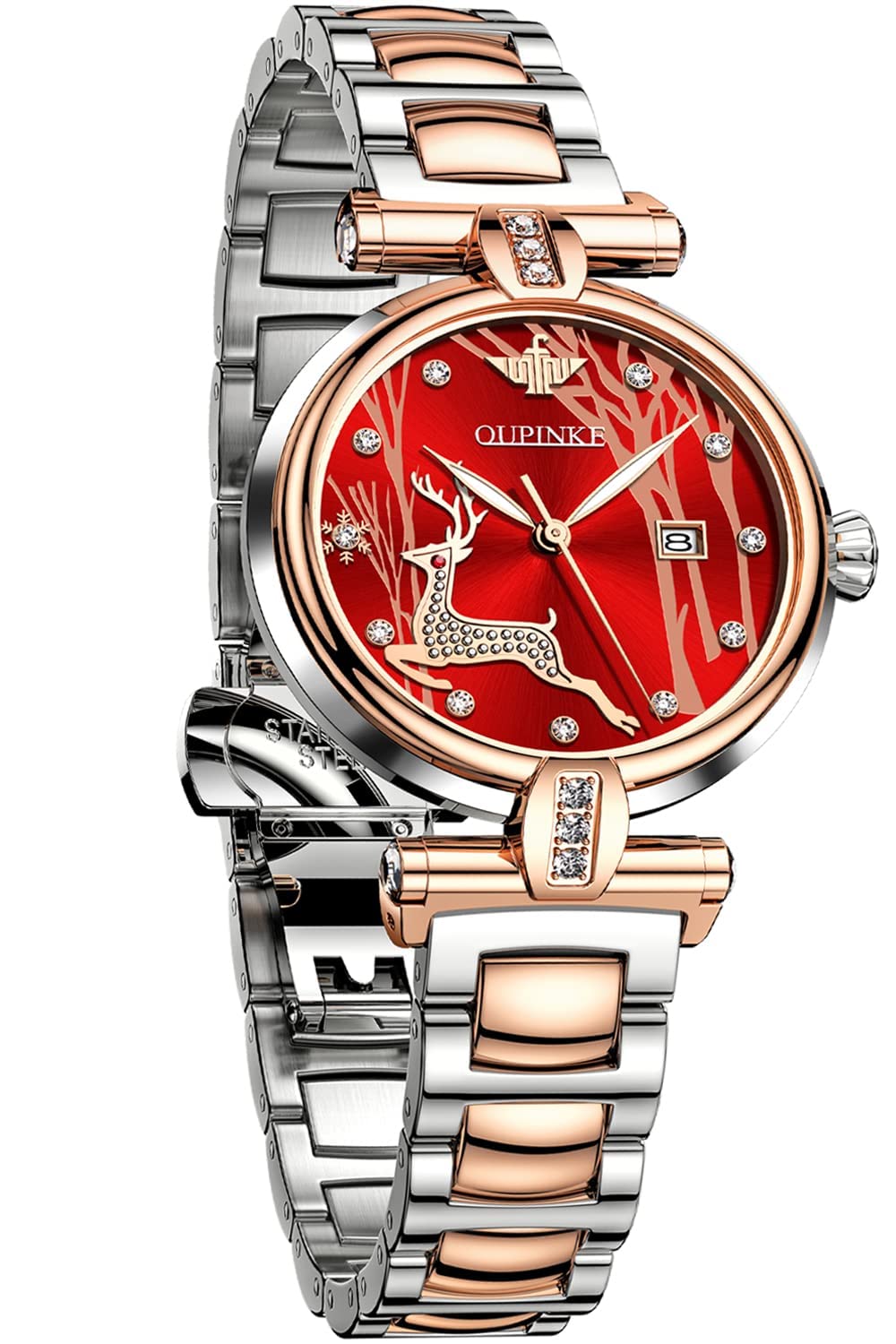 OUPINKE Women's Luxury Automatic Watch - Rose Gold Stainless Steel, Diamond Dial, Date Display, Waterproof & Luminous | Perfect for Office, Party & Everyday Wear