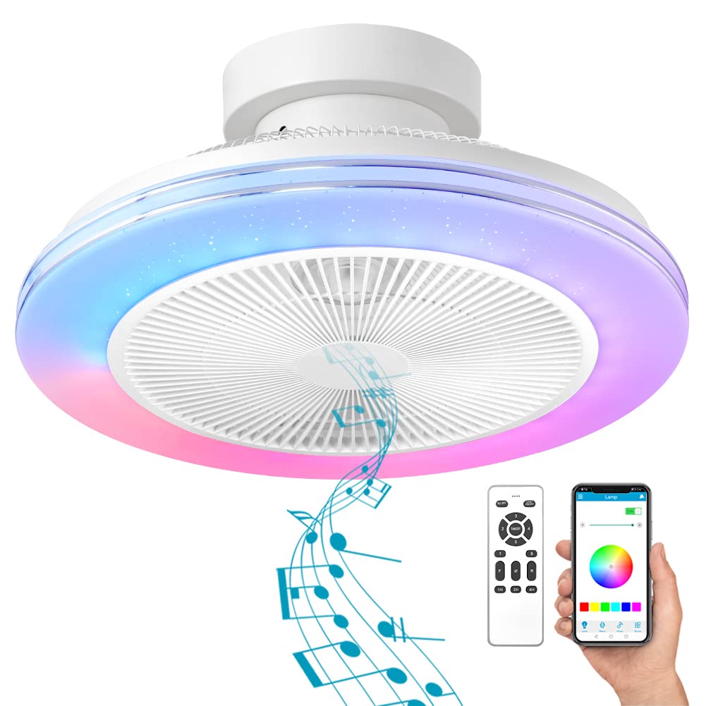NUTCRUST Low Profile Flush Mount Ceiling Fan with Light and Bluetooth Speaker - 19.8 Inch Enclosed Reversible Fan with 6 Speeds & 85 Color Modes - Perfect for Bedroom, Living Room and Home Office