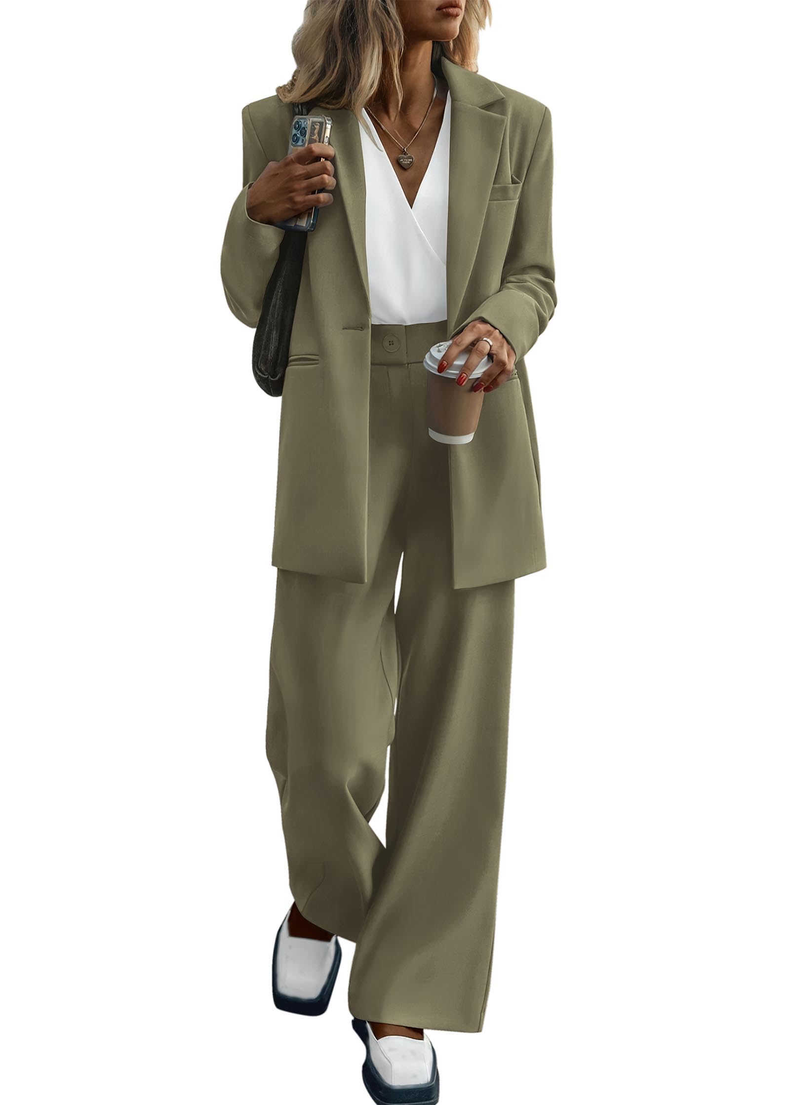 KIRUNDO Women's 2025 Spring Fall 2-Piece Blazer Set - Casual Loose Long Blazer Jacket with Dressy Wide Leg Pants (with Pockets) | Office Wear, Business Attire & Formal Outfits
