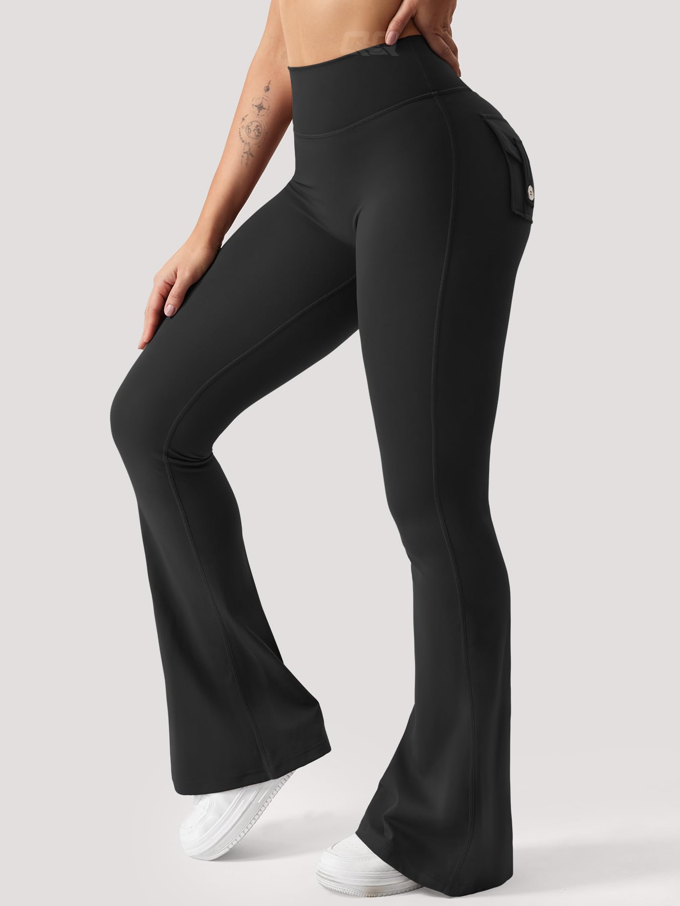 QOQ High Waist Flare Leggings with Pockets for Women - Tummy Control Yoga Pants, Workout Scrunch Bootcut Leggings, Gym & Lounge Wide Leg Pants - Perfect for Yoga, Running, Pilates & Casual Wear